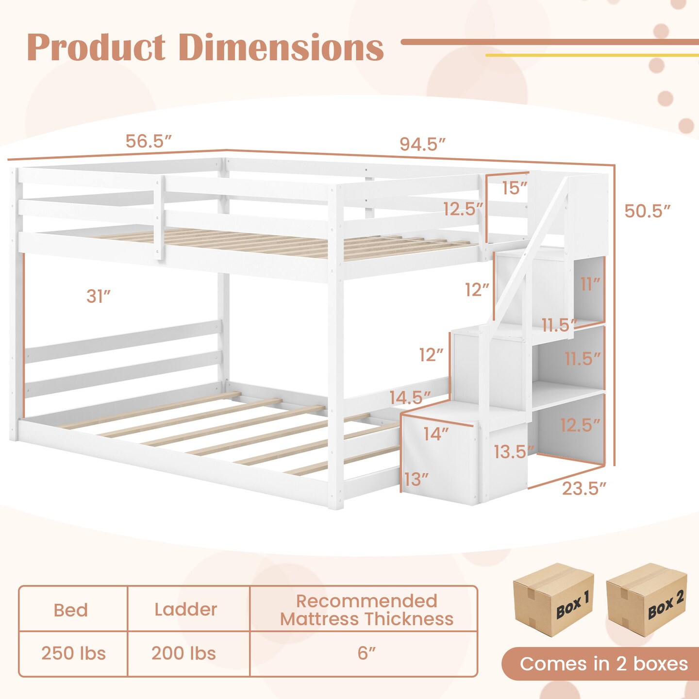 White Wooden Full Over Full Bunk Bed with Storage Steps Low Height Design for Kids Bedrooms