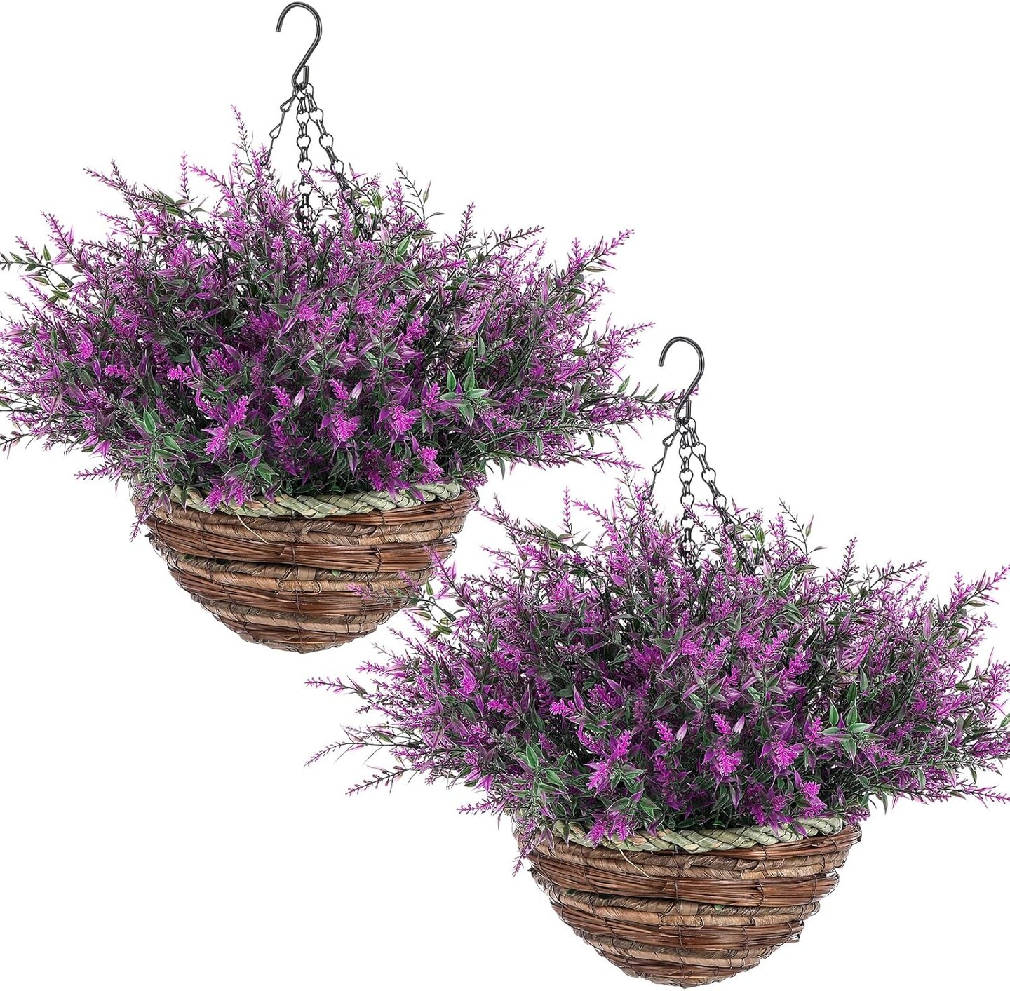 2 Sets Artificial Lavender with Hanging Basket – Faux Flowers for Porch & Garden Decor