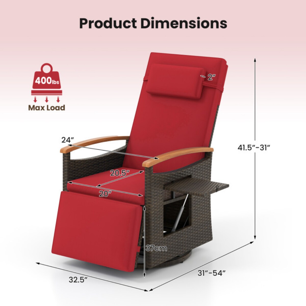 Brown Rattan Swivel Recliner Chair with Adjustable Backrest, Cushion and Foldable Side Table