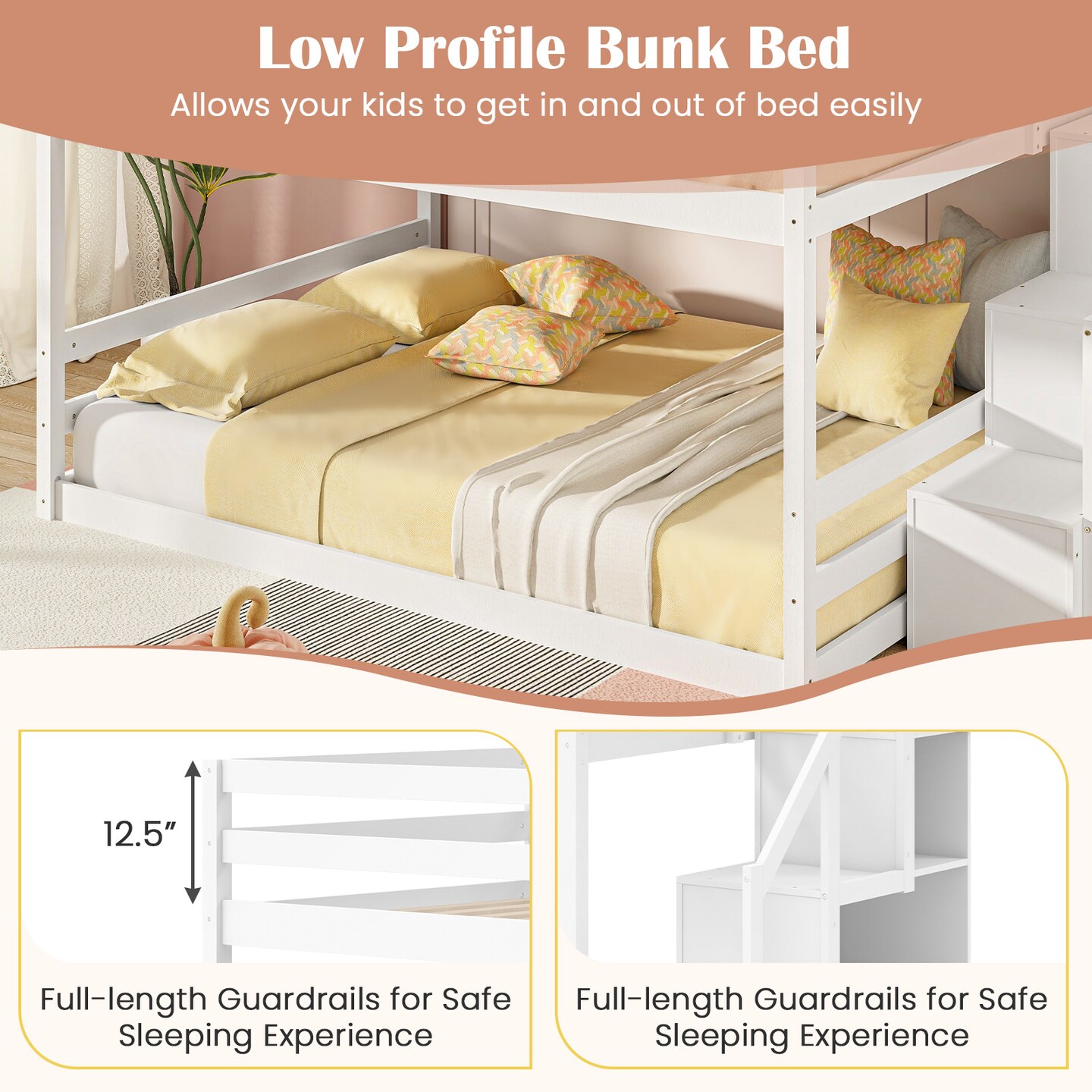 White Wooden Full Over Full Bunk Bed with Storage Steps Low Height Design for Kids Bedrooms