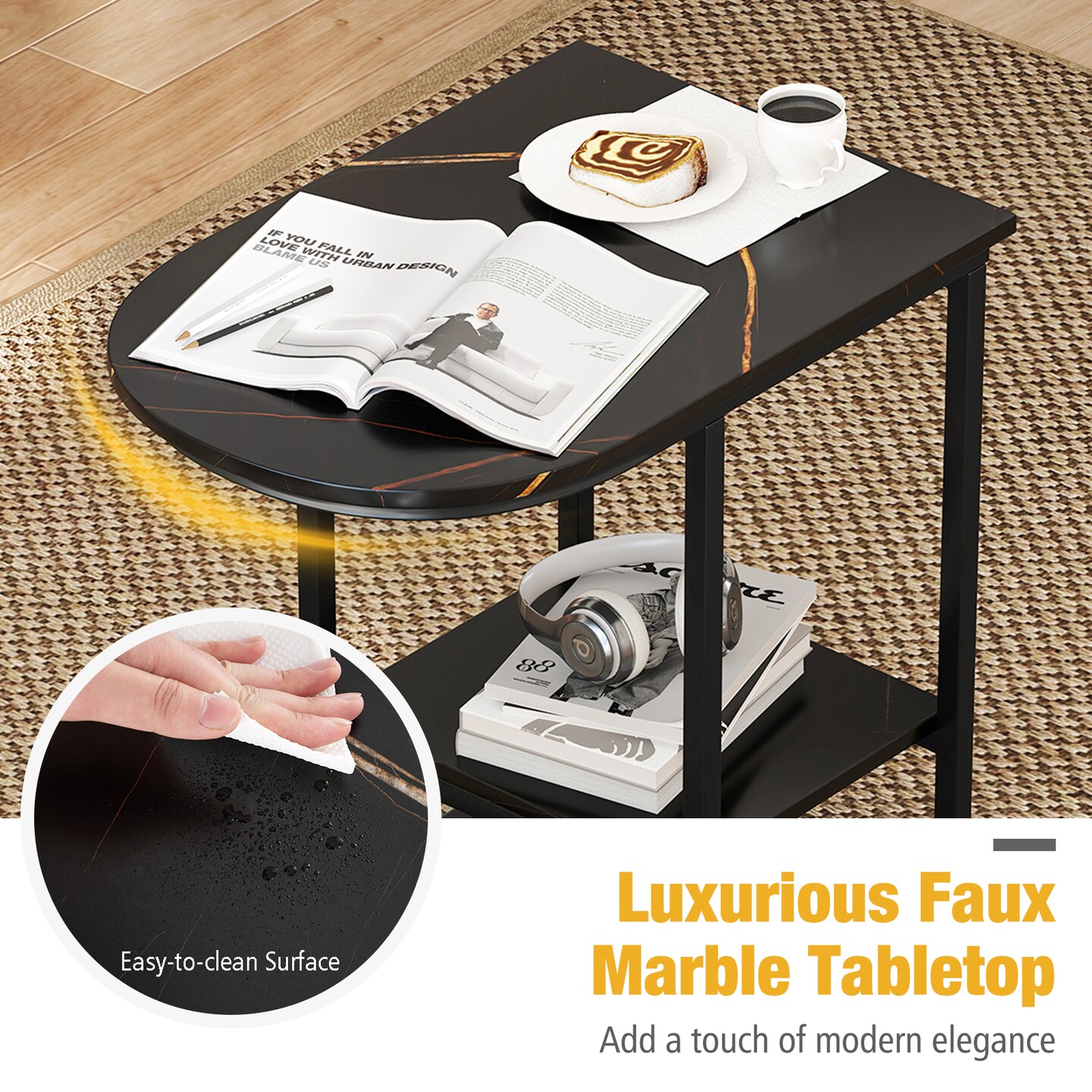 Modern C-shaped Side Table with Faux Marble Top and 2-Tier Storage Shelf