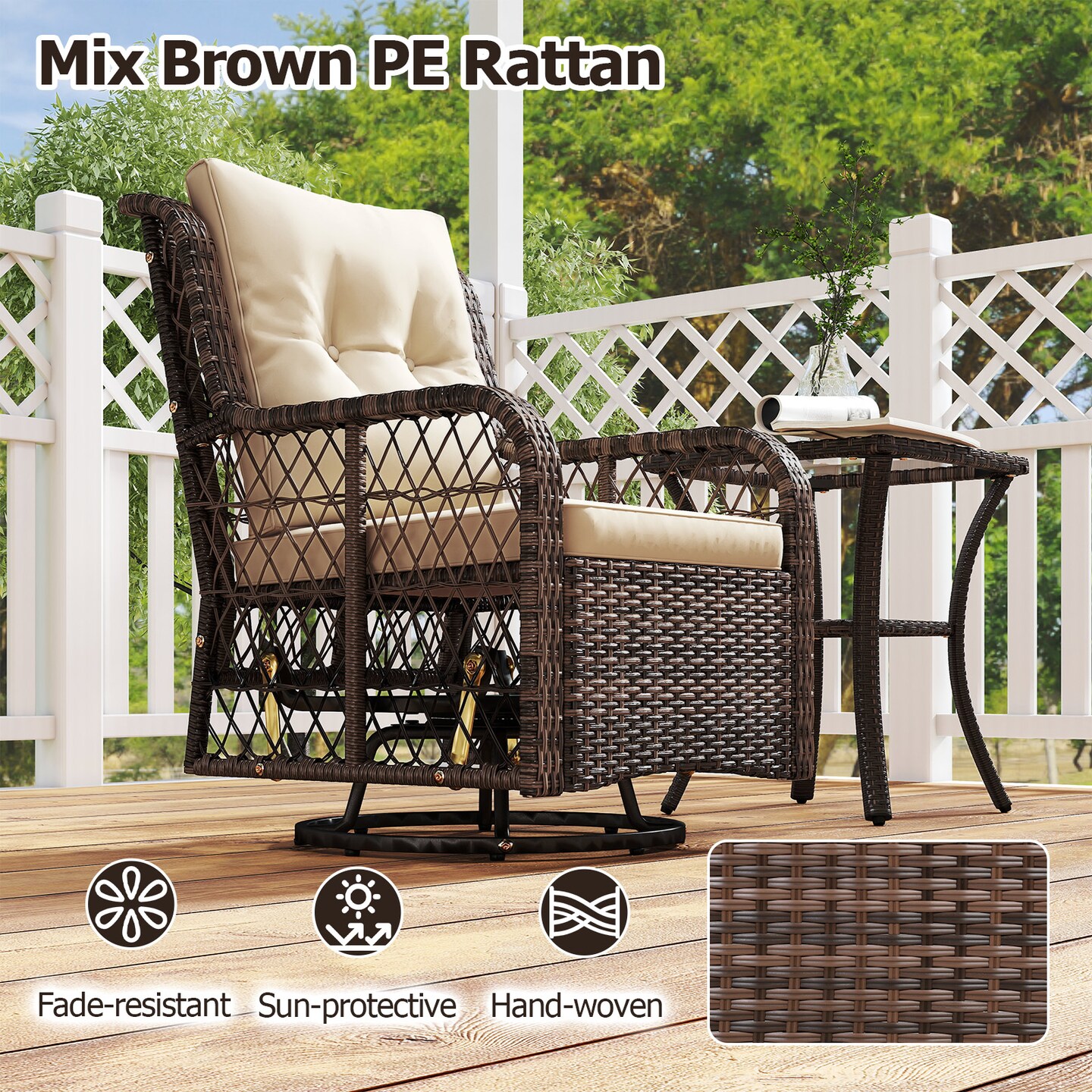 Mix Brown Rattan 3-Piece Patio Set, Swivel Rocking Chairs and Glass Side Table