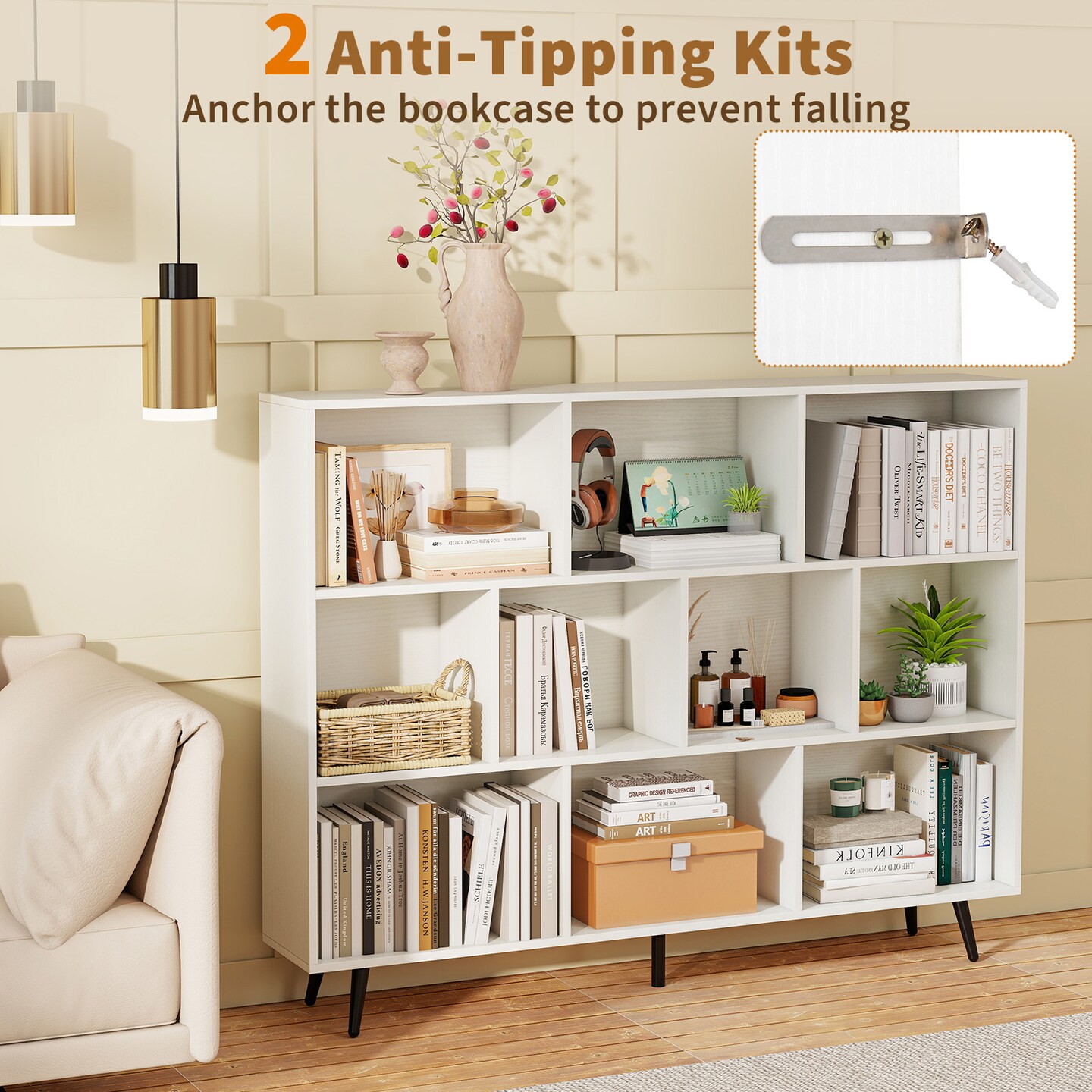 Engineered Wood Cube Bookcase with Metal Legs and Anti-Tip Kits