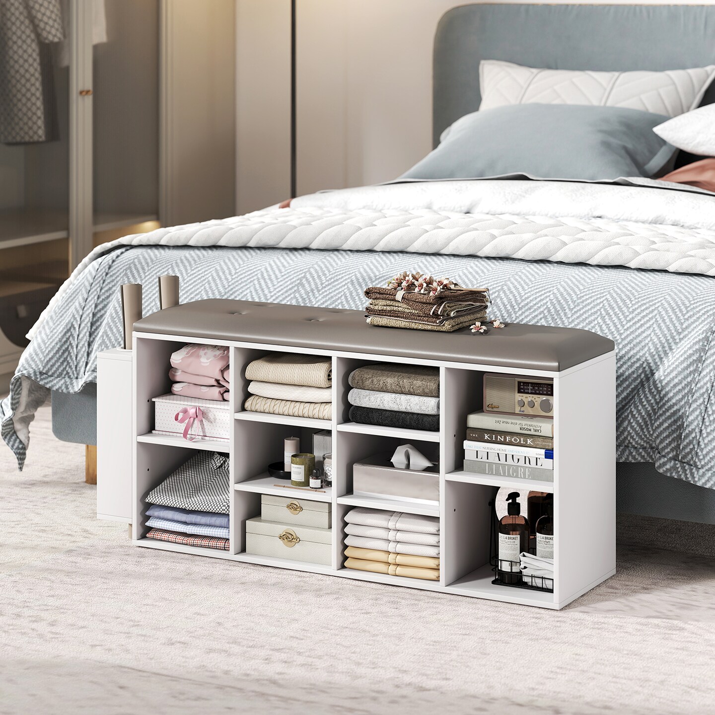 Entryway Shoe Storage Bench with Umbrella Stand and Storage Cubes