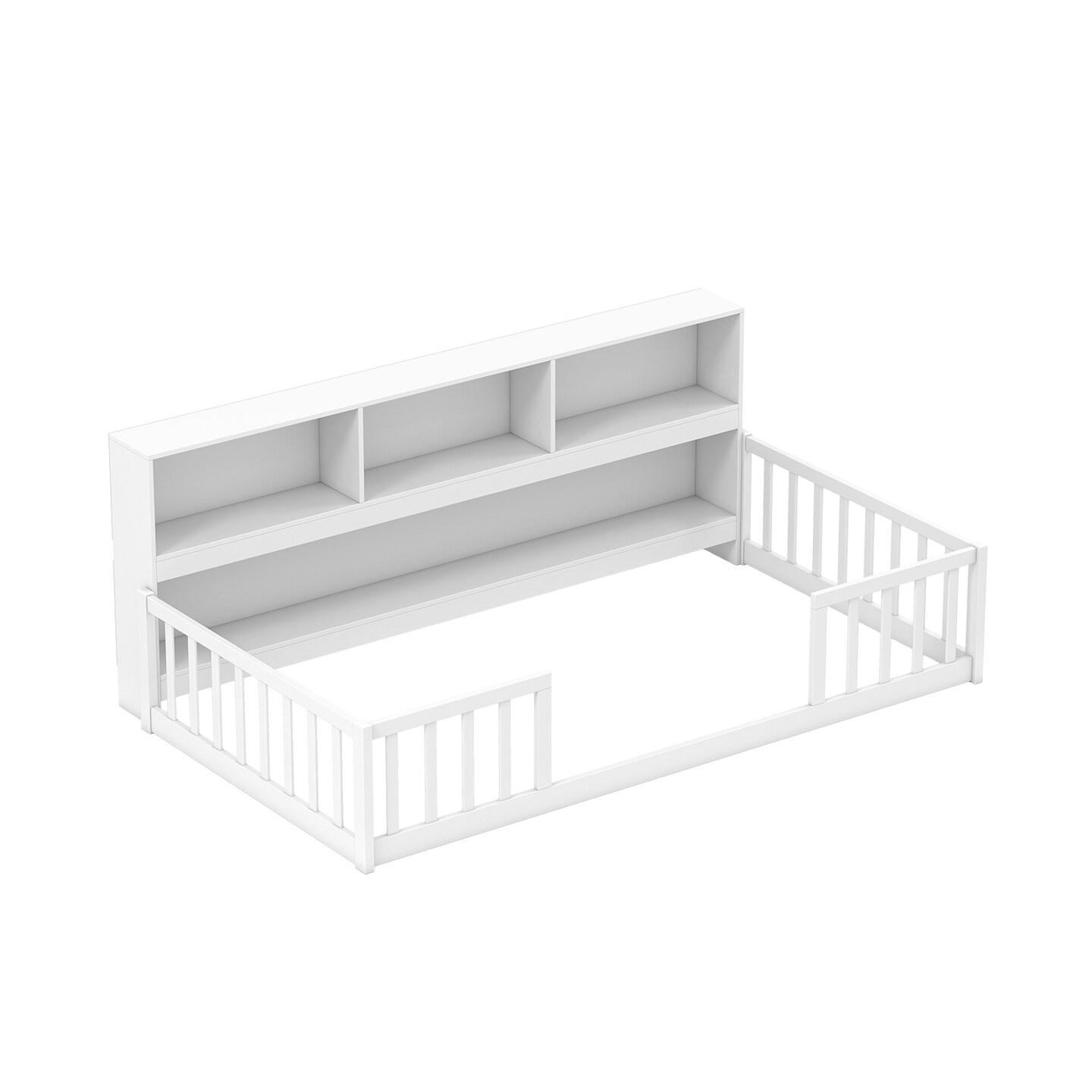 Twin Size Pine Wood Montessori Floor Bed with Bookshelf and Safety Rails