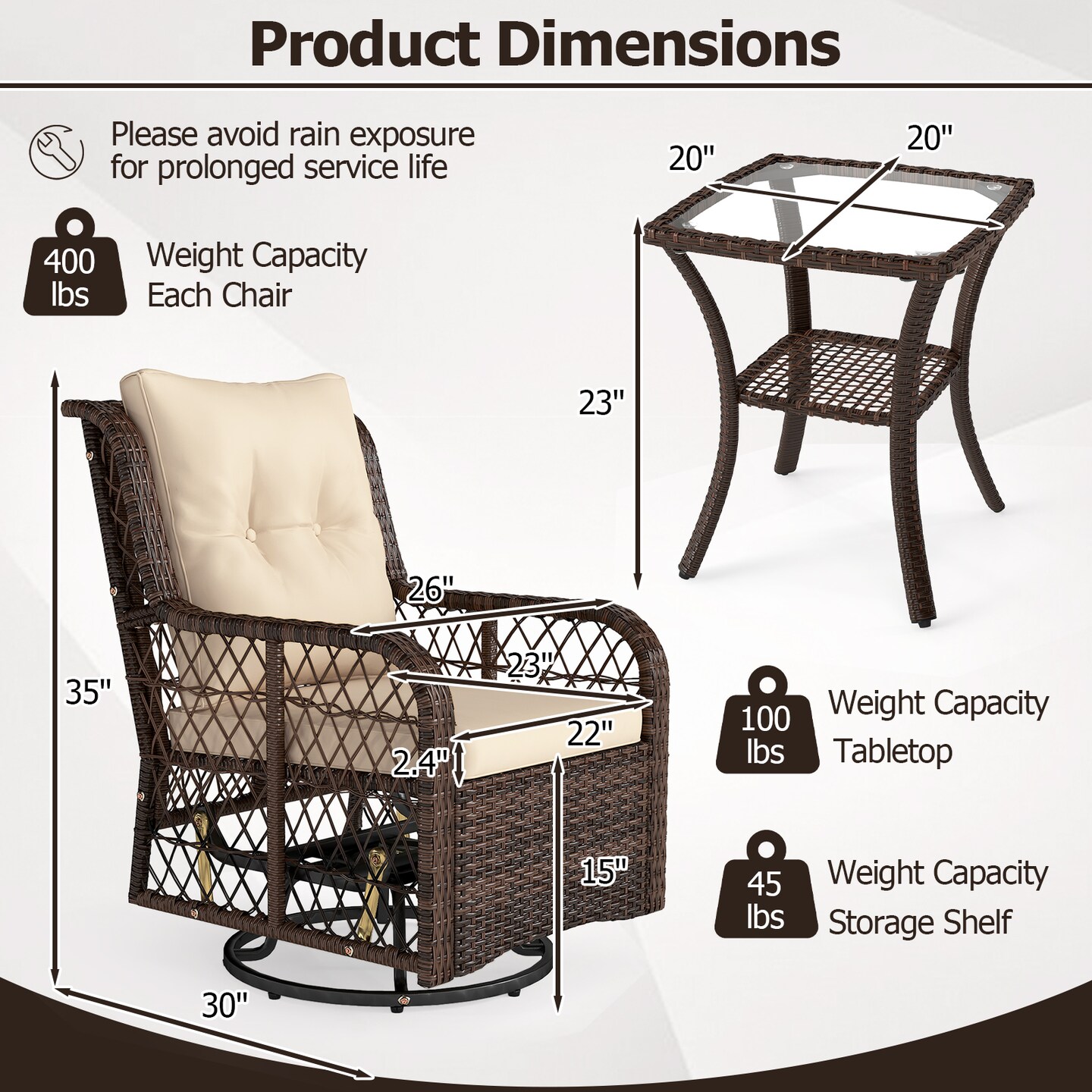 Mix Brown Rattan 3-Piece Patio Set, Swivel Rocking Chairs and Glass Side Table