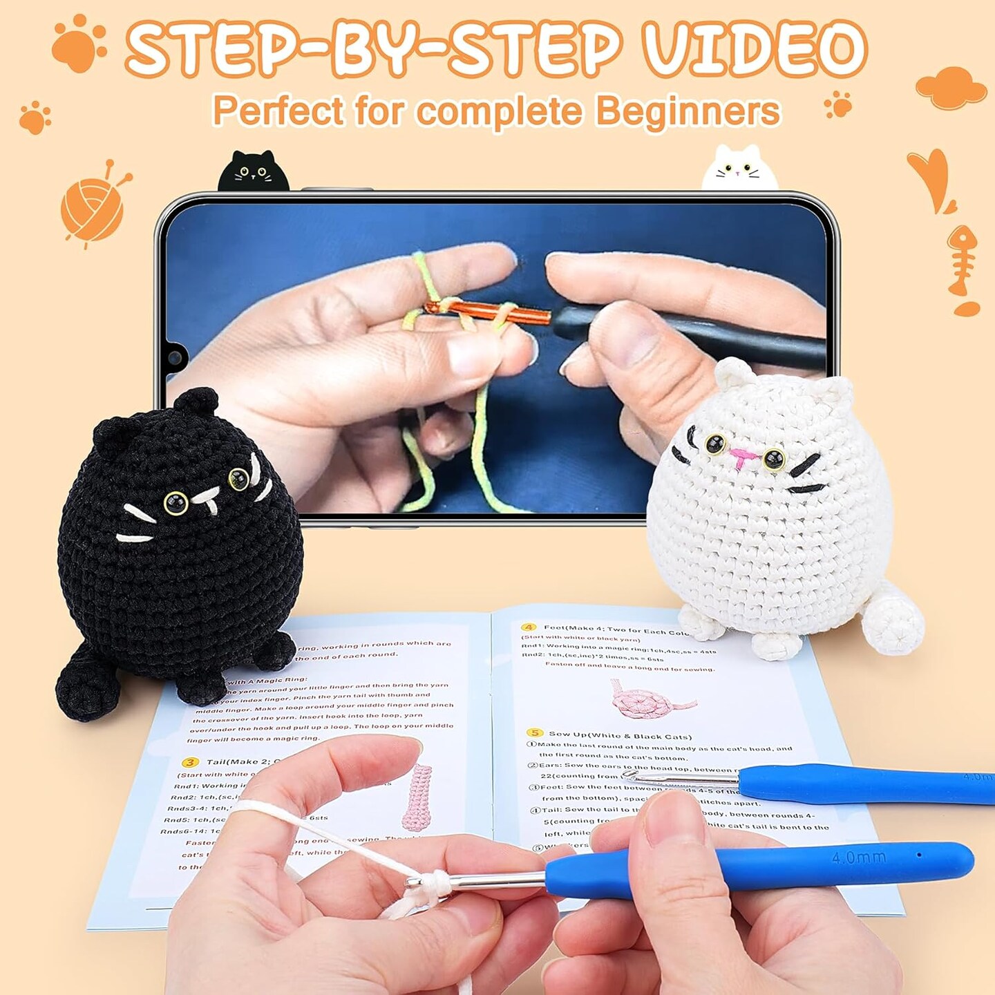 2PCS Cat Crochet Kits for Adults Kids (Black&White Cats) 1 x 1 x 1 inches