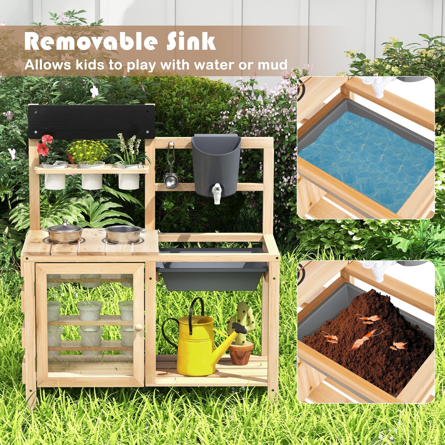 Outdoor Mud Kitchen Playset with Sink Observation Room and Garden Cups