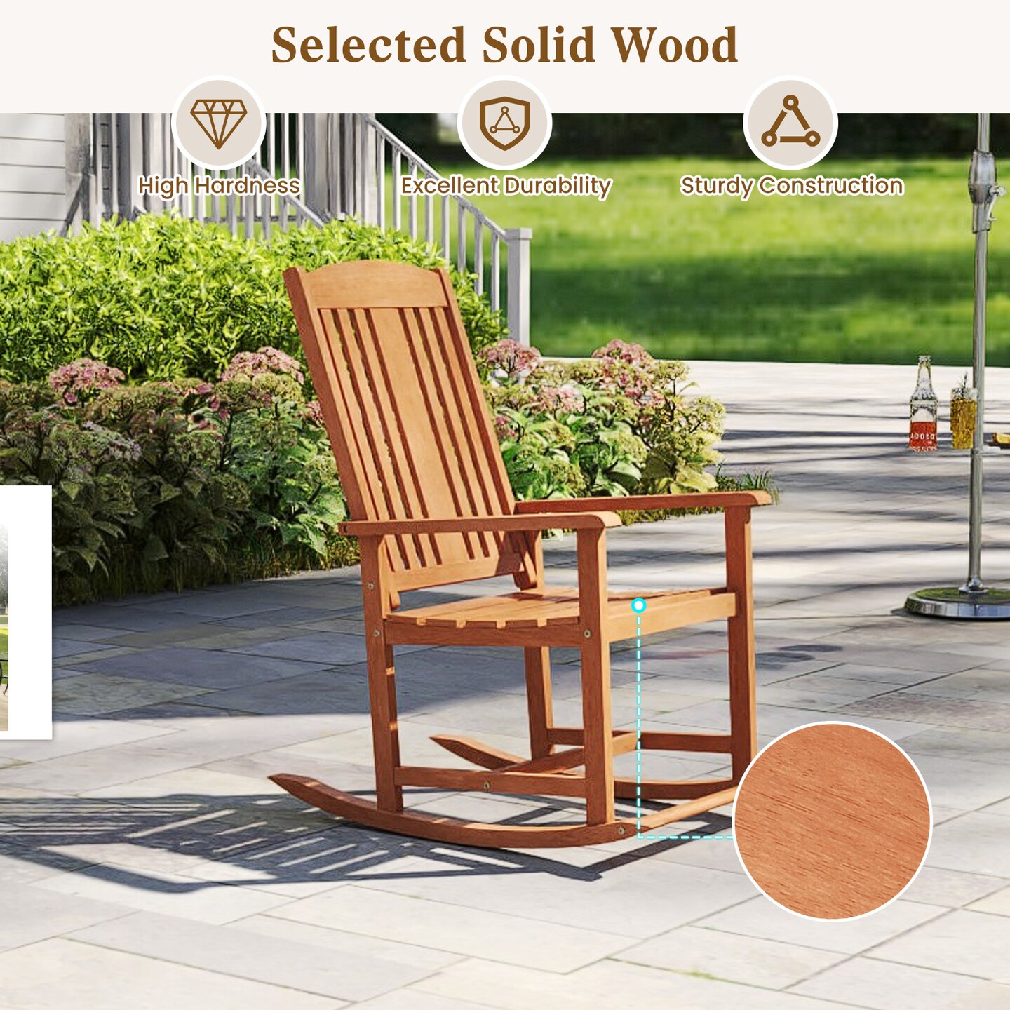 Solid Wood Outdoor Rocking Chair Natural Finish, Ergonomic High Back, 400 lbs Capacity