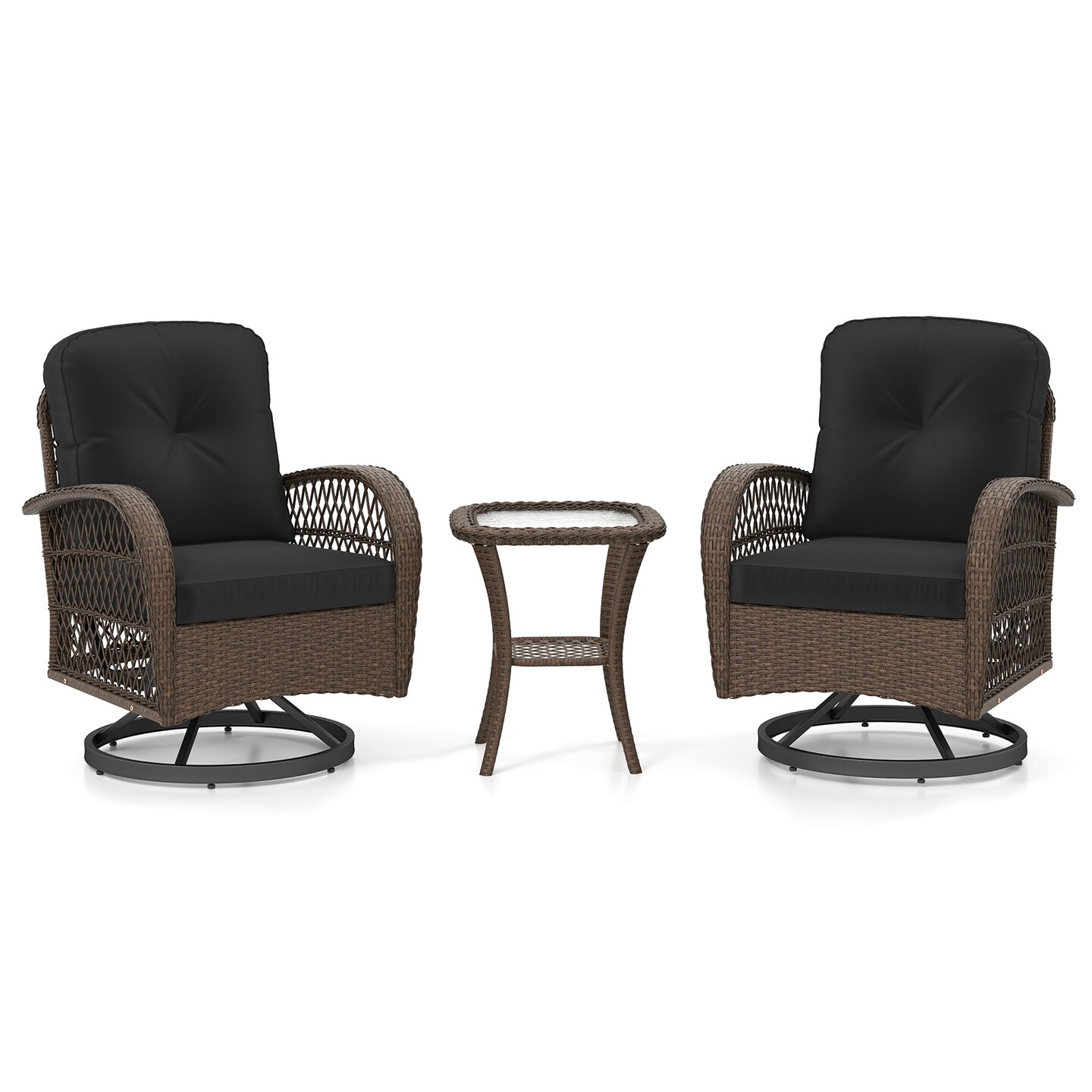 Mix Brown Rattan 3-Piece Patio Rocker Set with Cushions and Side Table