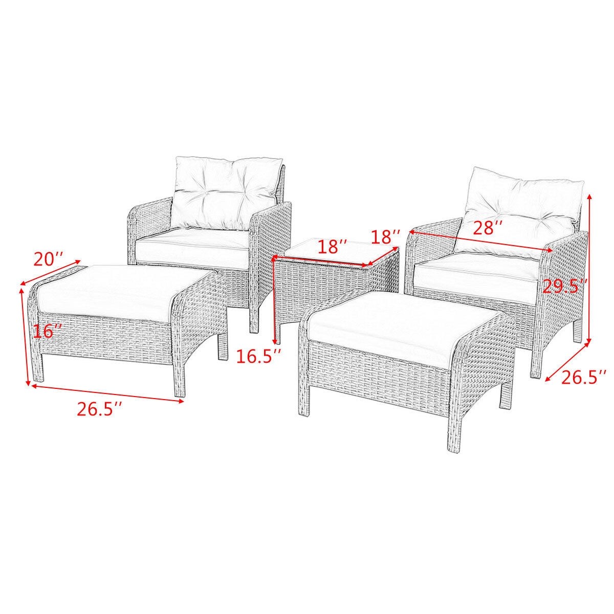 5 Pieces Patio Rattan Sofa Ottoman Furniture Set with Cushions