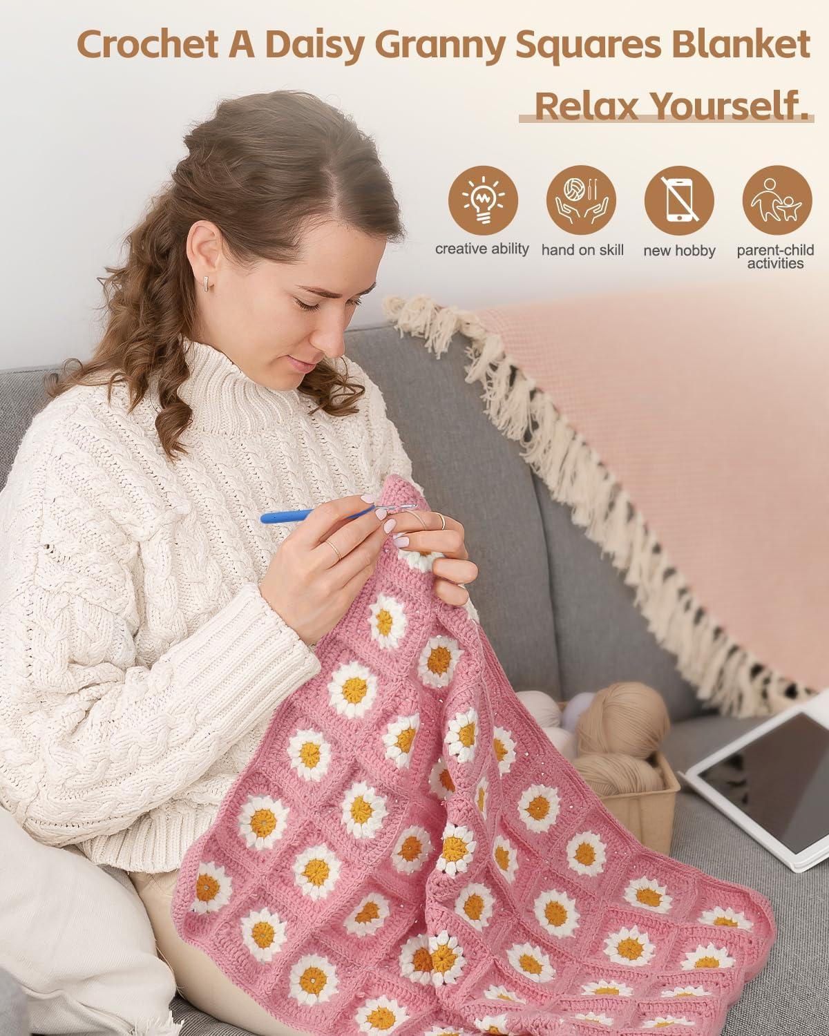 Granny Square Crochet Blanket Kit - Pink