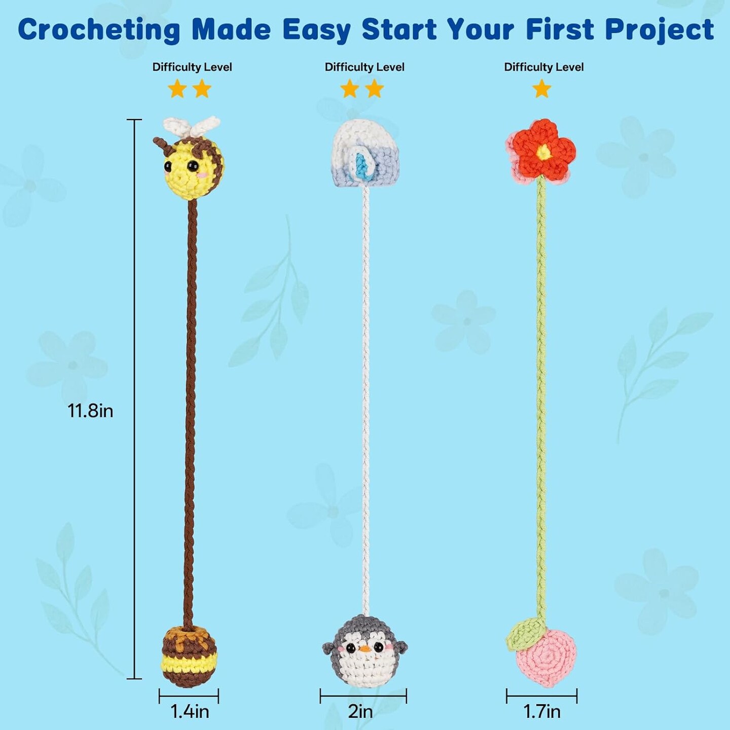 3 Animal & Flower Bookmarks Crochet Kit - Yellow, Blue, Pink 5.19 x 3.15 x 2.36 inches