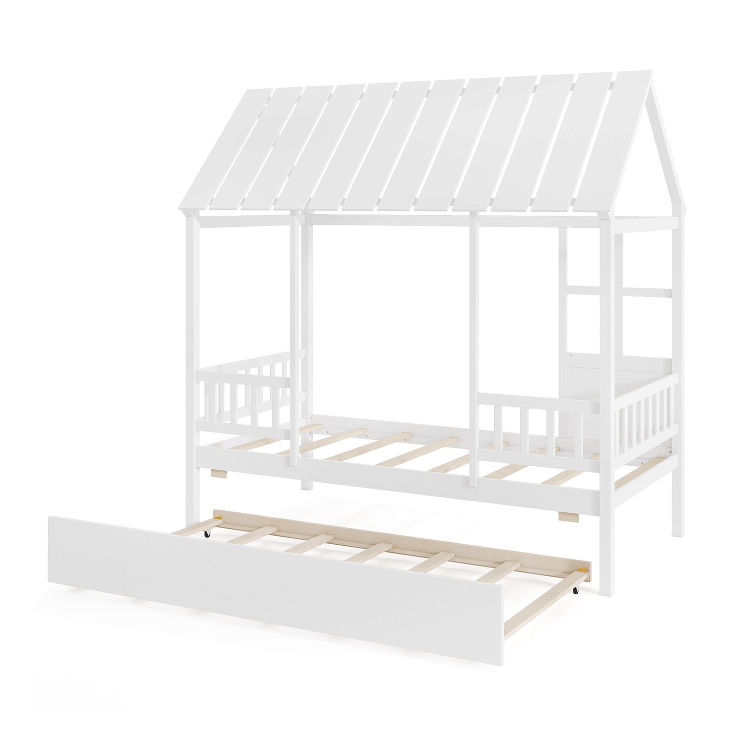 Kids&#x27; White House Bed with Trundle Sturdy Pine Wood and Safe Sleep Design Fun and Practical Bed for Children