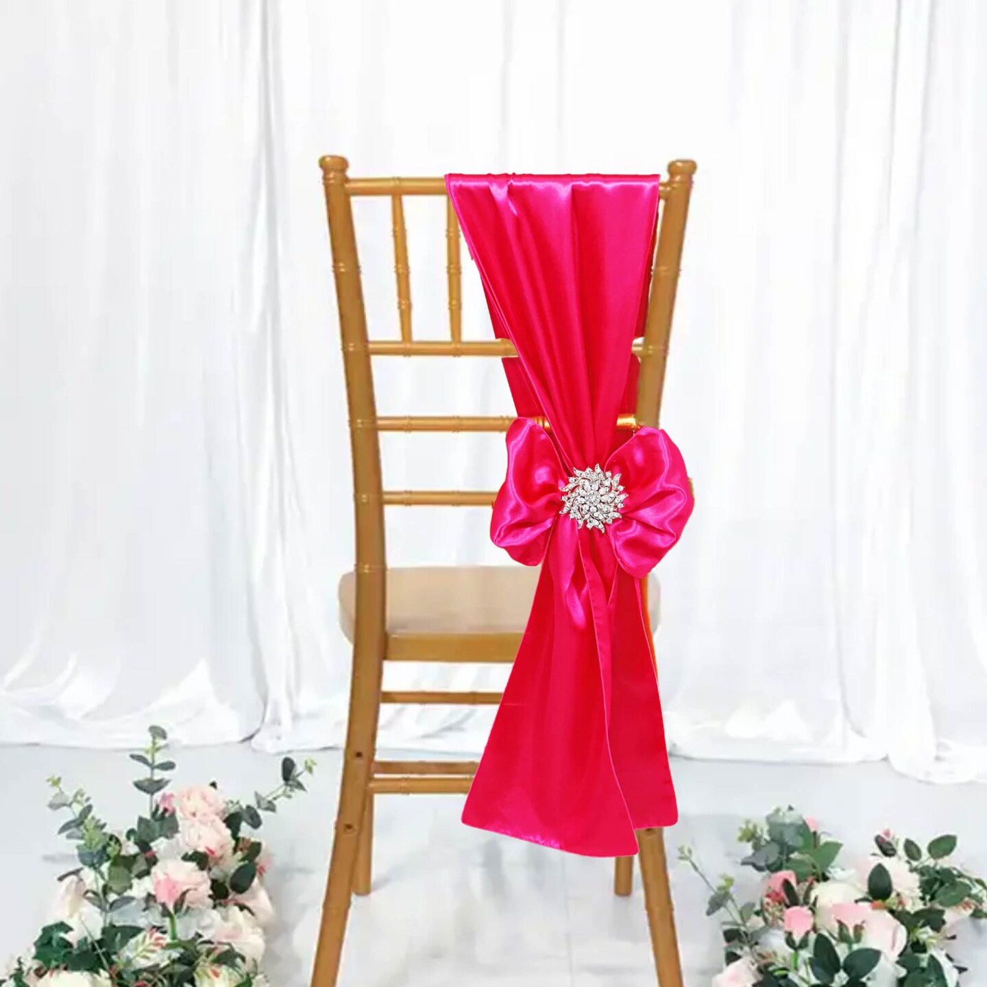 10 Pieces Fuchsia Satin Chair Bands, 8"x108" Elegant Event Wraps