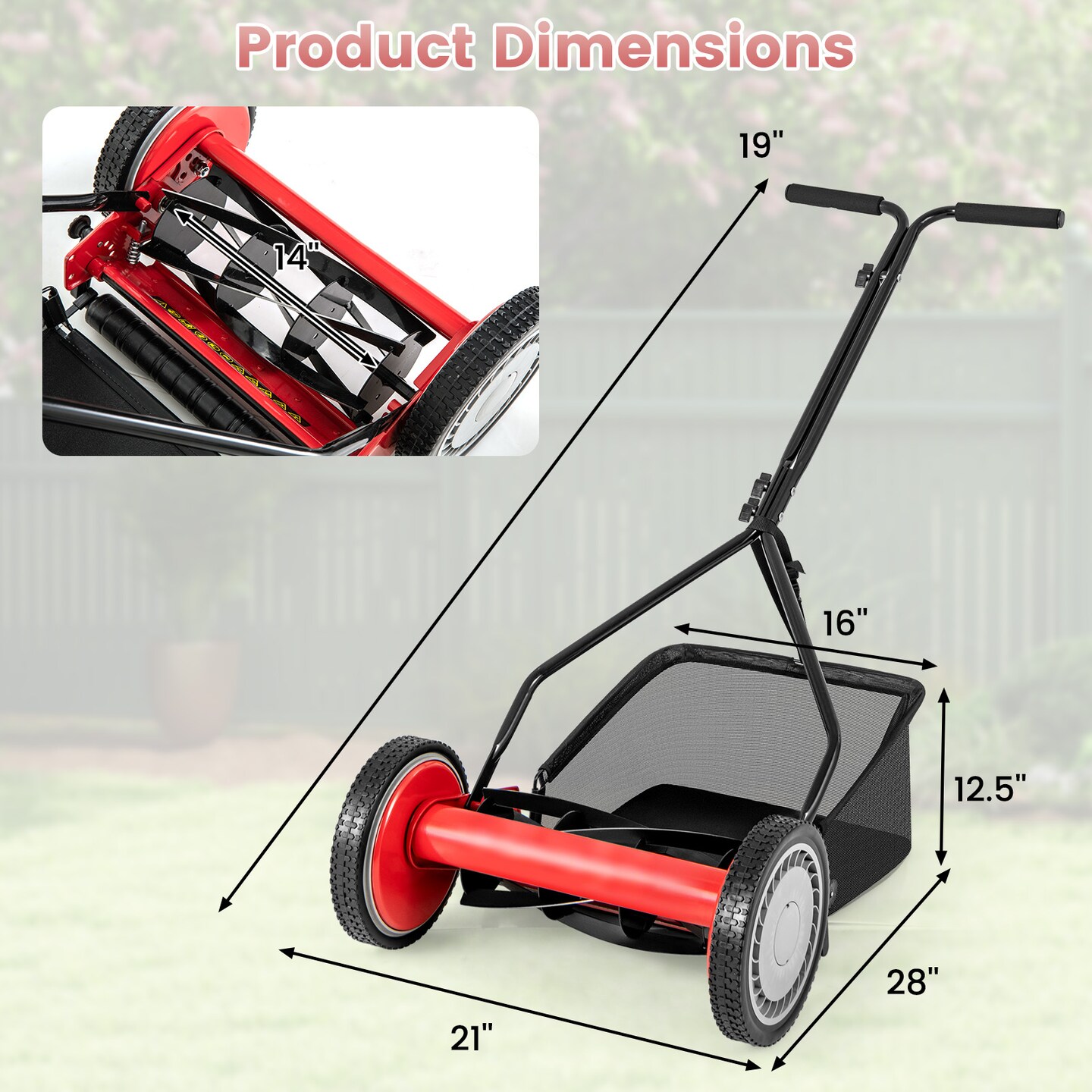 Manual Reel Push Lawn Mower 14 Inch Cutting Width 4 Height Adjustment