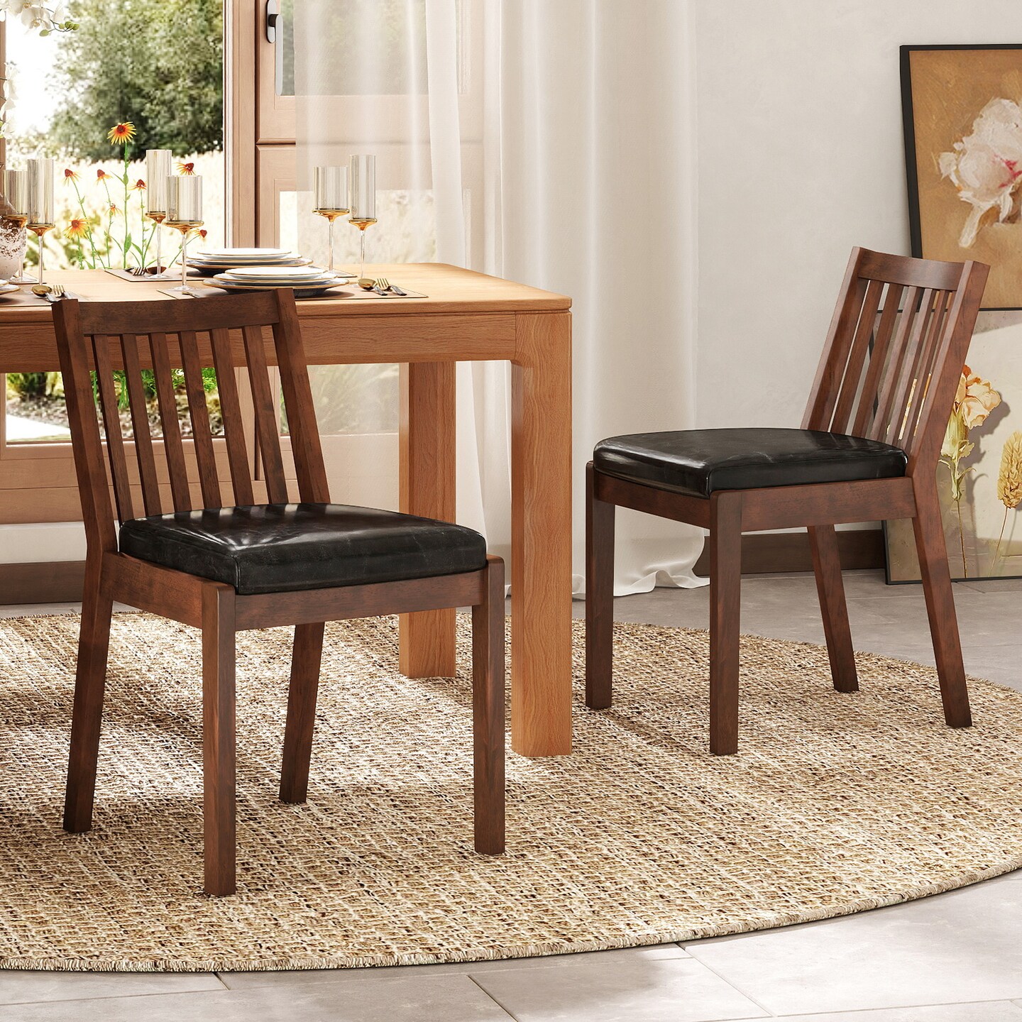 Espresso Wood Dining Chairs Set of 2 Black PU Leather Cushioned Seat, Ergonomic Slatted Back