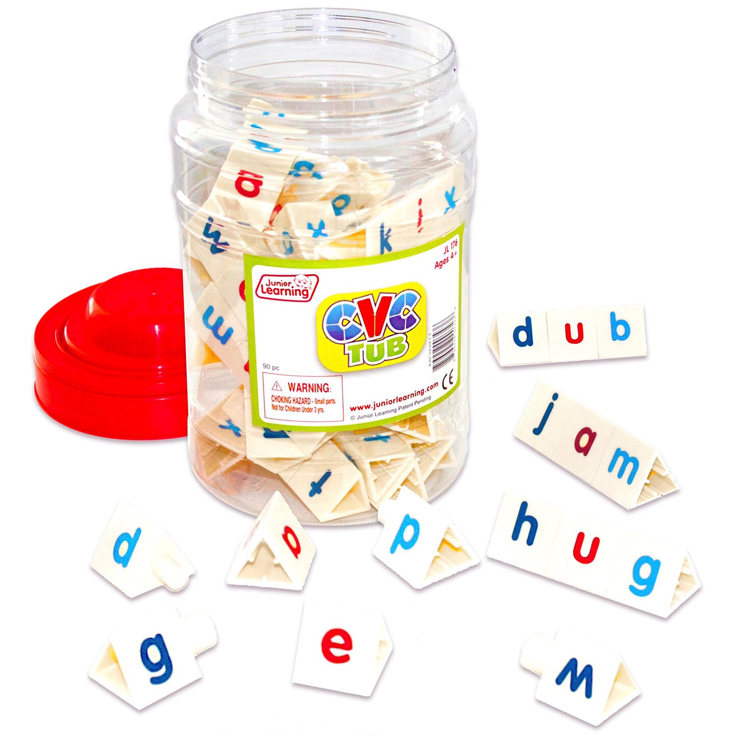 Junior Learning CVC Tri-Blocks Tub, 90 Blocks, Ages 4-5, Phonemic Awareness, Pre K-1