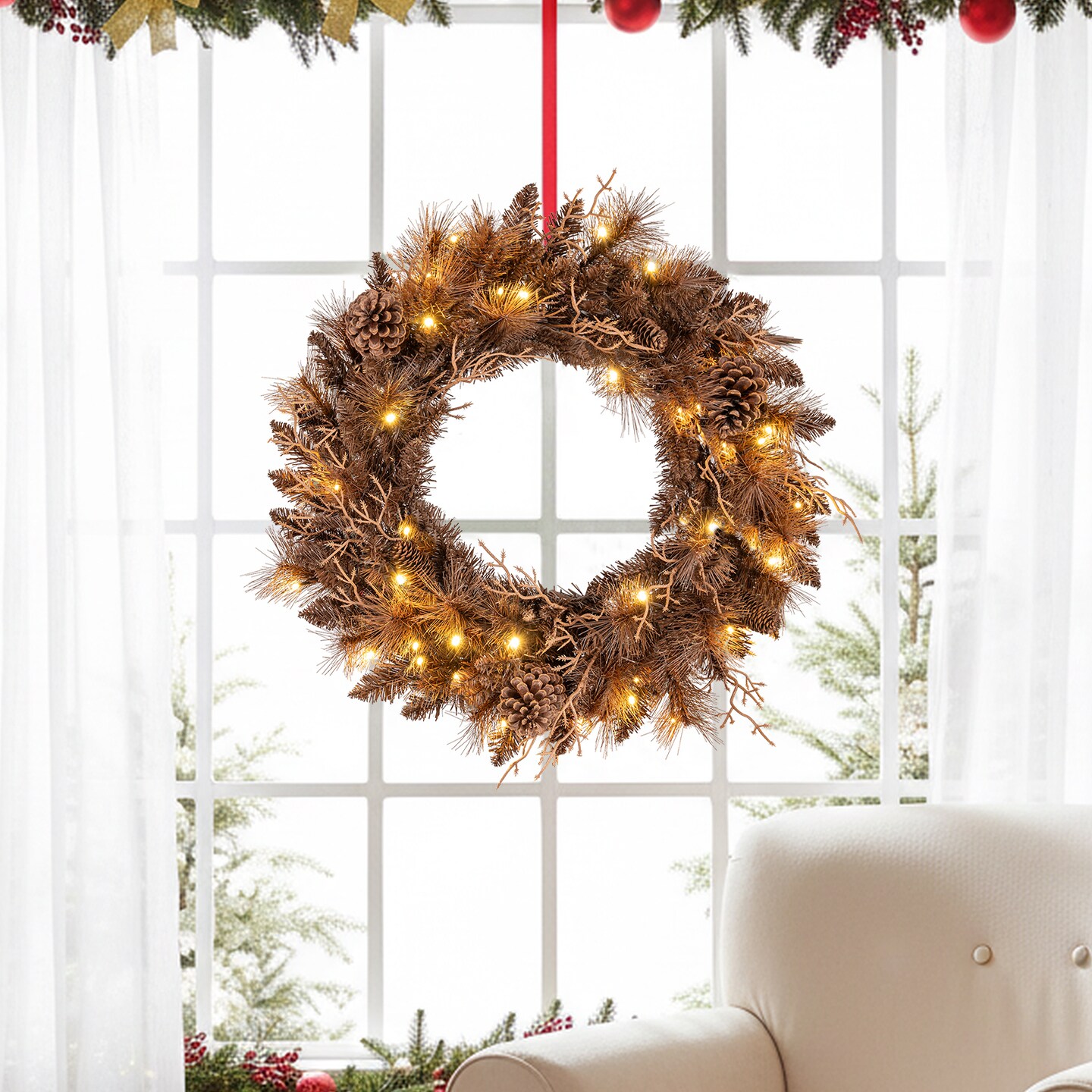 24" Artificial Christmas Wreath Pre-Lit with 105 Branch Tips and 35 LEDs