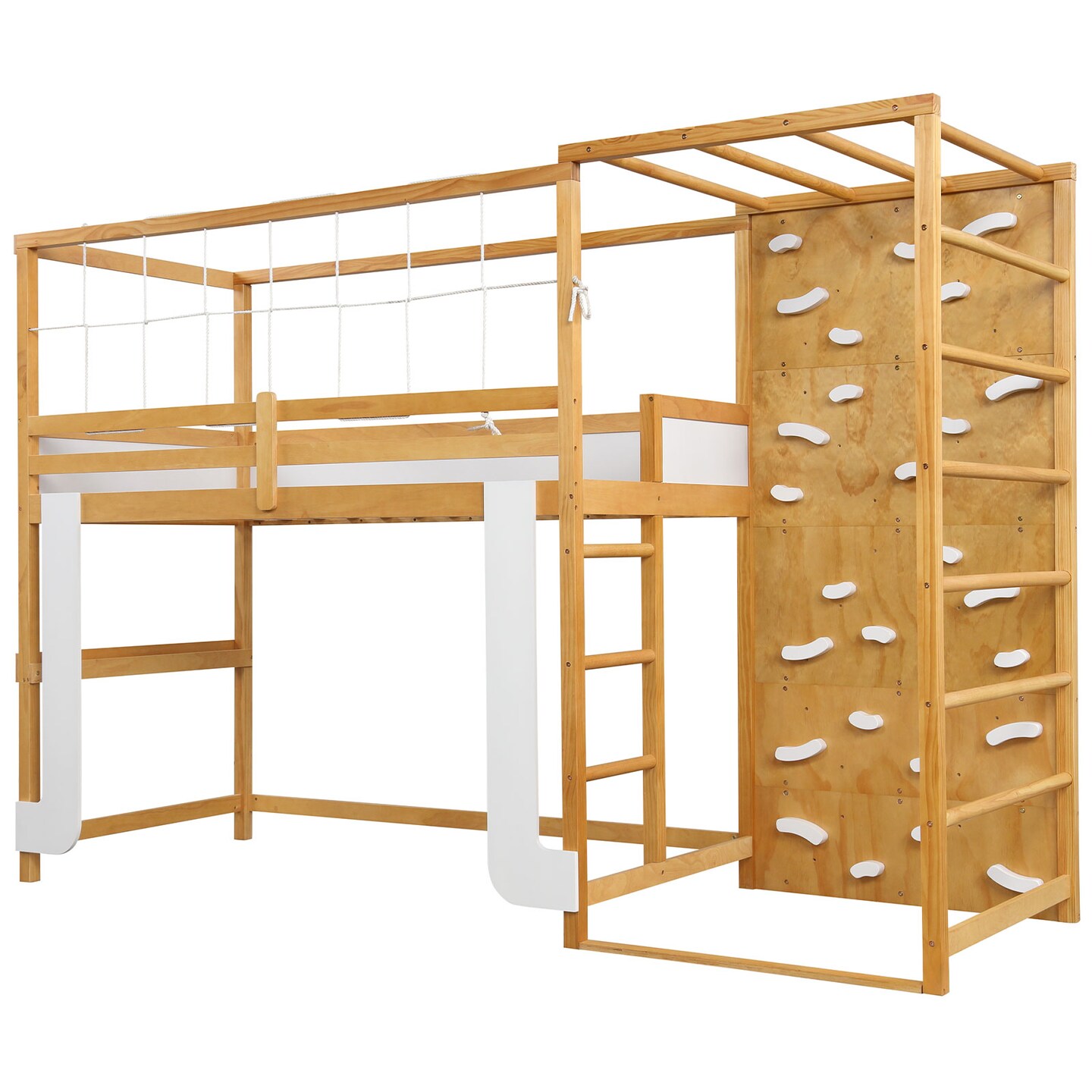 Twin Wooden Loft Bunk Bed with Jungle Gym, Climbing Ladder and Play Area