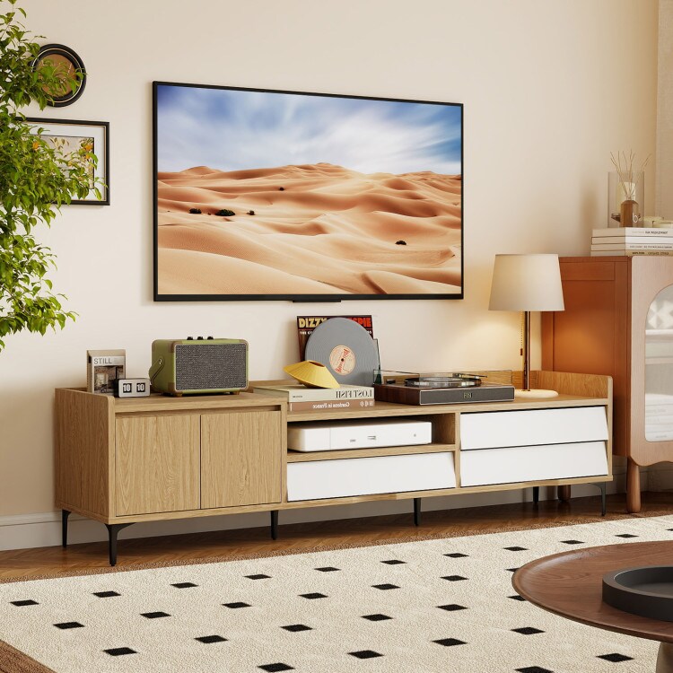 TV Stand for TVs up to 80 Inch Mid Century Modern Entertainment Center with Storage Cabinet-Natural