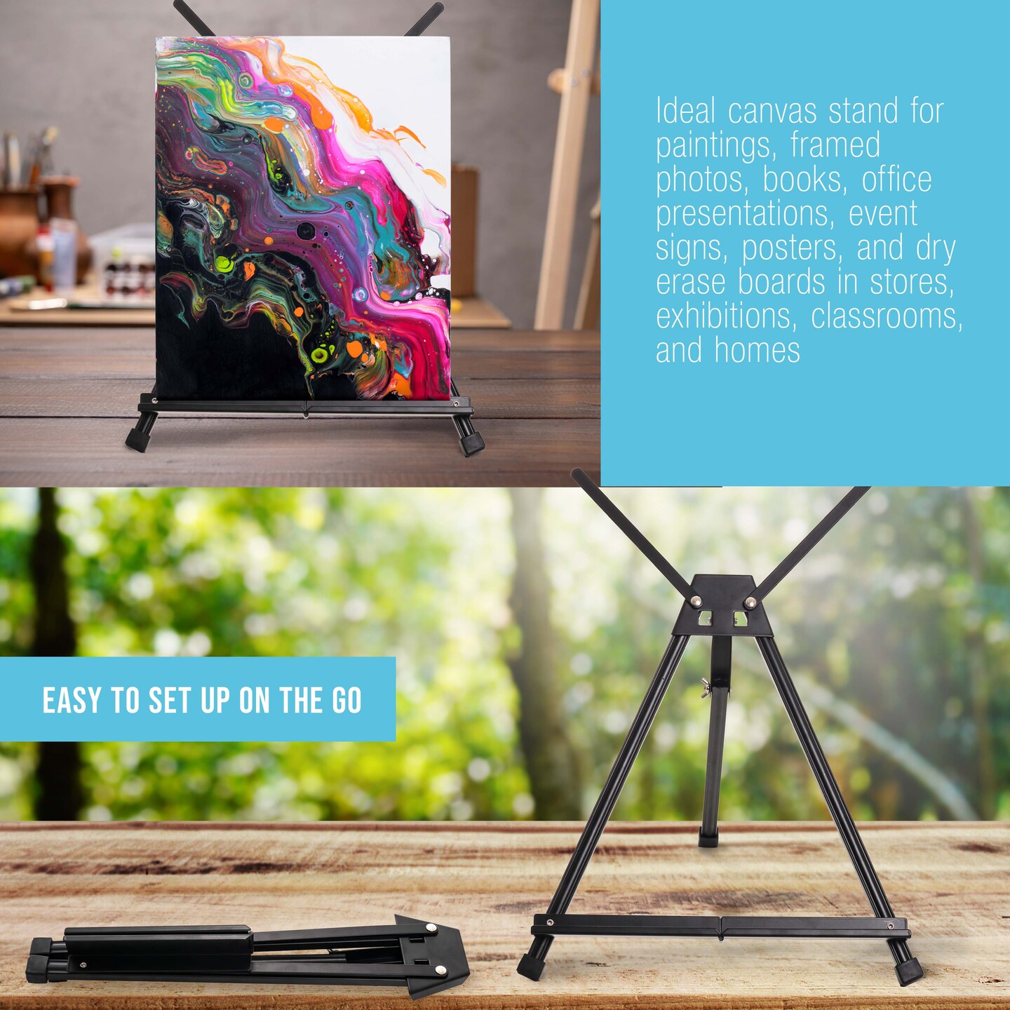 Tabletop Easel for Painting - 15" to 21" Adjustable Metal Stand - Portable Art Easels for Display - Holds Canvas, Whiteboards, Posters, Signs, Drawings & More