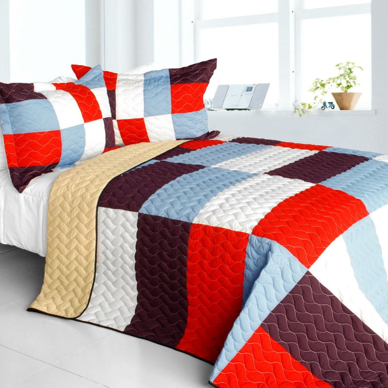 Full/Queen 3-Piece Reversible Patchwork Quilt Set Vermicelli Quilting, Handmade Geometric Design & Zipper Shams