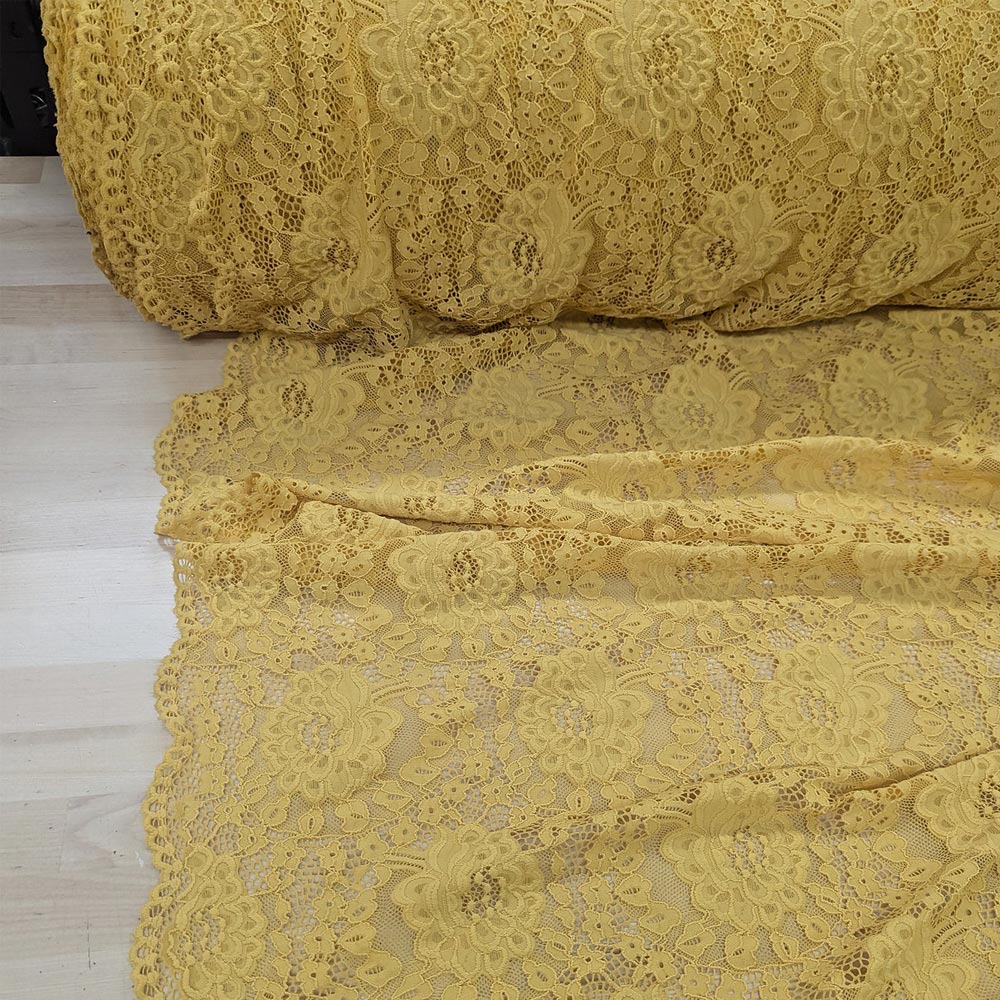1 Yard Mustard Stretch Lace Polyester & Spandex Fabric for Apparel and Crafts 54/55 Inch Width