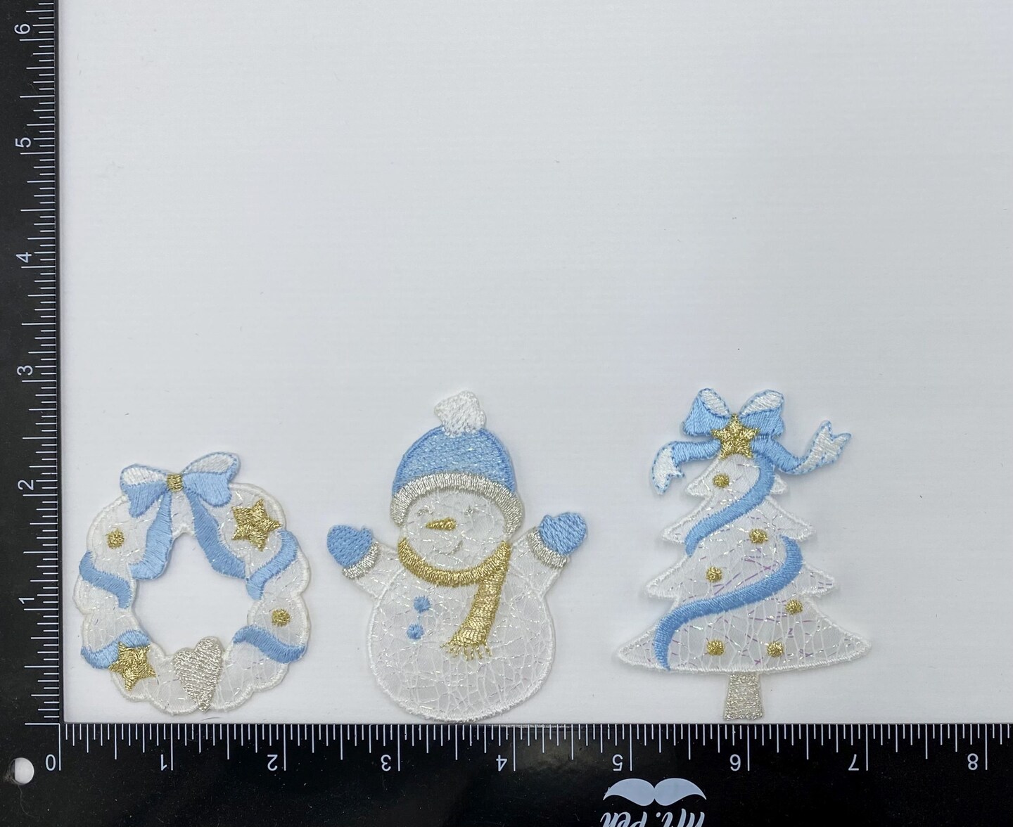 Blue & Gold Christmas Appliqué Set, 3 Pieces — Wreath, Snowman & Tree Iron-On Patches