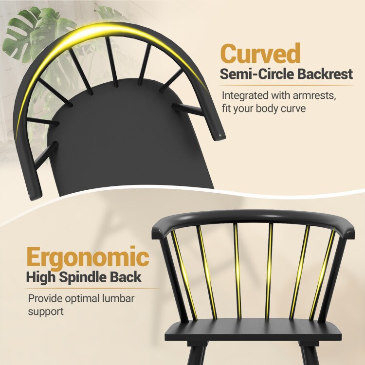 Set of 2 Windsor Dining Chair Mid-Century Modern Black Kitchen Chairs, Rubberwood Frame