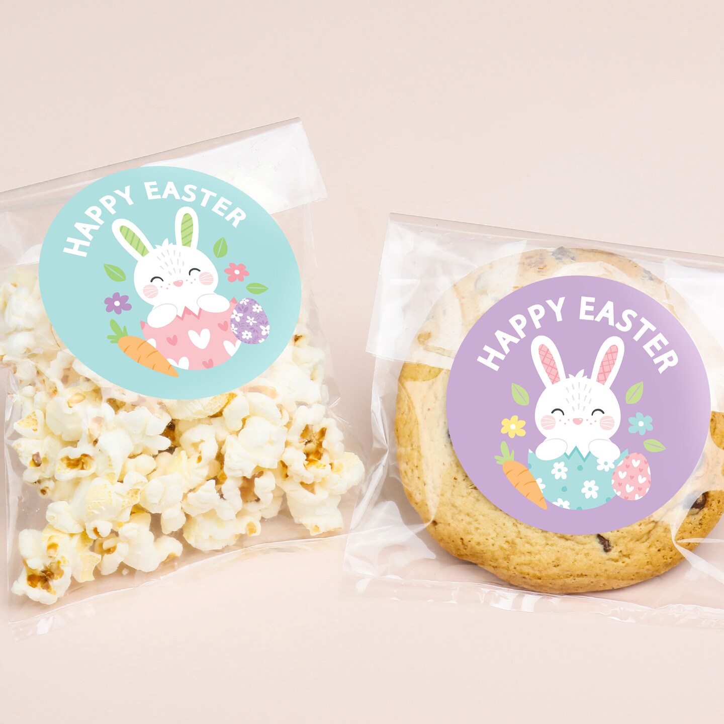 Big Dot of Happiness Happy Easter Bunny Stickers & Clear Cookie Bags, Cellophane Treat Bags 4.25x7 In., Pastel Spring Favor Gifts, Baked Goods - 25 Ct