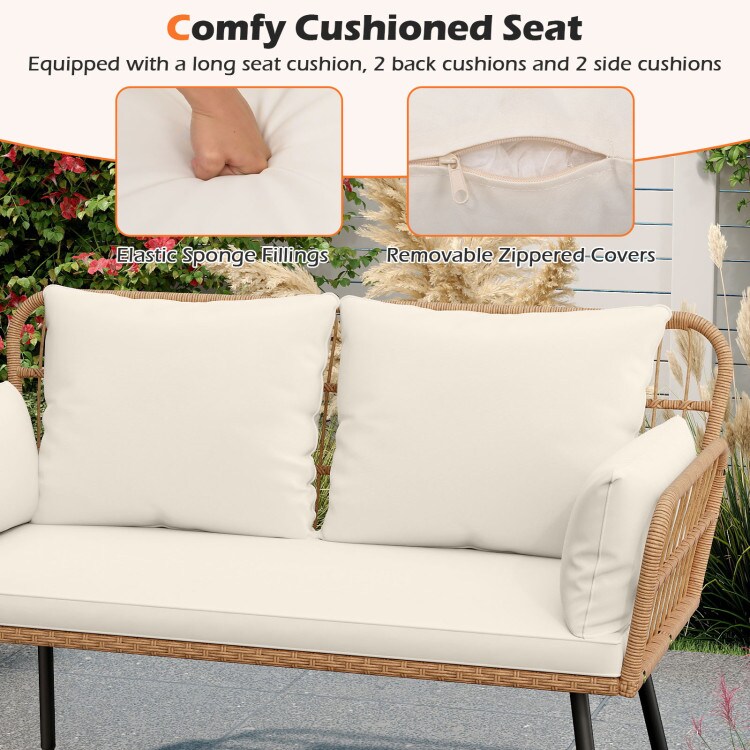 Outdoor 2-Seater Rattan Bench Chair with Comfortable Cushions and Metal Legs