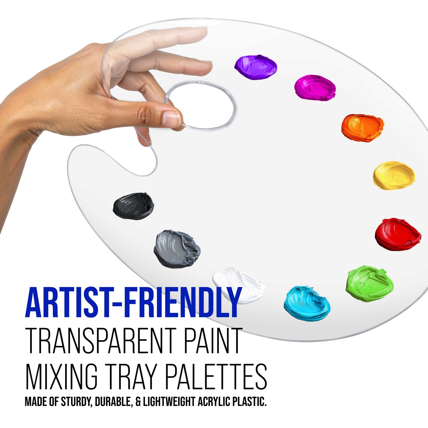 U.S. Art Supply 9" x 11.8" Clear Oval-Shaped Acrylic Painting Palette (Pack of 2) - Transparent Plastic Artist Paint Color Mixing Trays - Non-Stick