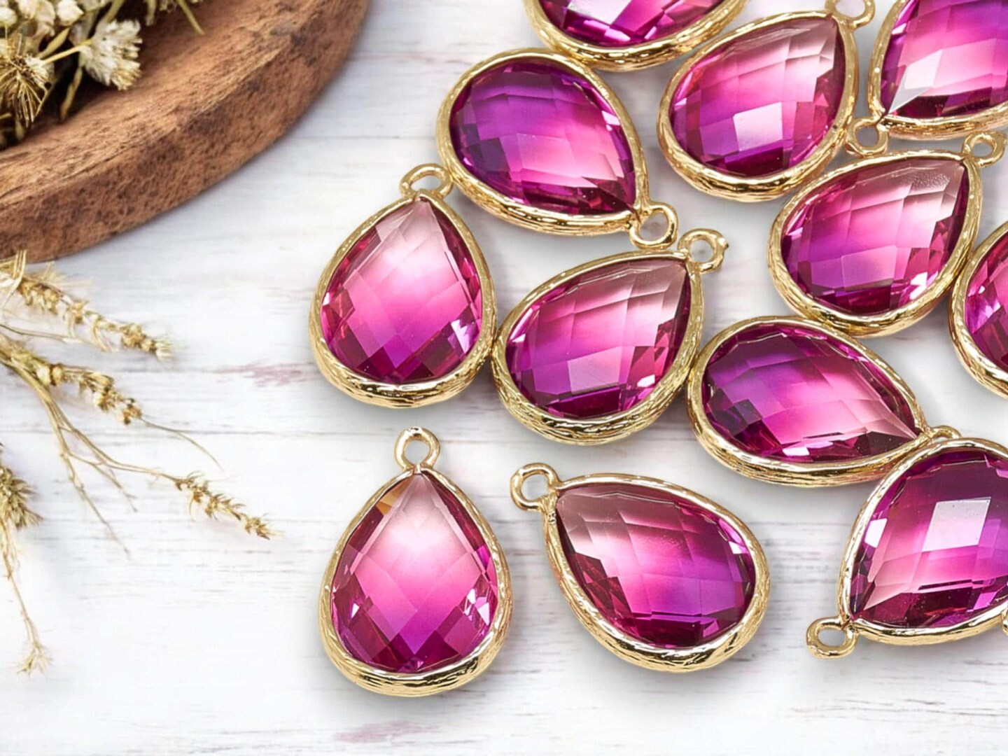 *5* 23x15mm Gold Plated Brass Faceted Teardrop Charms (2 Tone Pink)