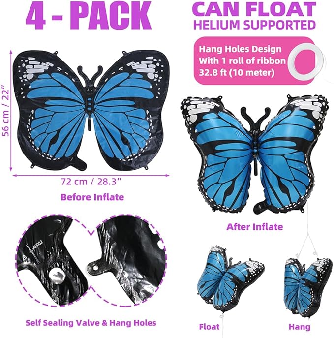 Blue Lovely 28 Inches Party Butterfly Balloon Kit, 4 Piece Aluminum Foil Mylar Helium Butterfly Balloons for Butterfly Themed Party, Wedding, Birthday, Baby Shower, Party Decoration Supplies