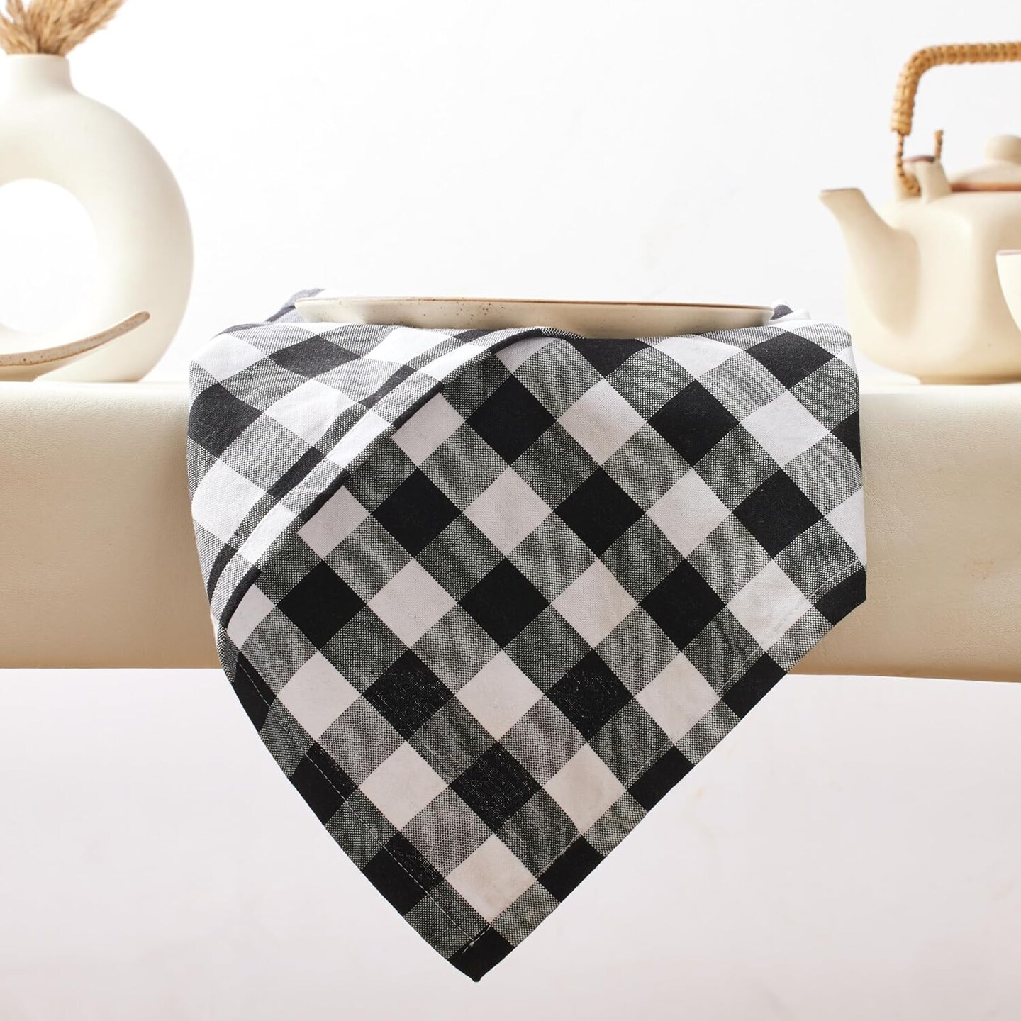 12 Pack Dinner Napkins, 18x18 Inches, Buffalo Plaid Gingham Check Cloth Napkins with Mitered Corners, 100% Cotton Hotel Quality Reusable, Washable (Black/White)