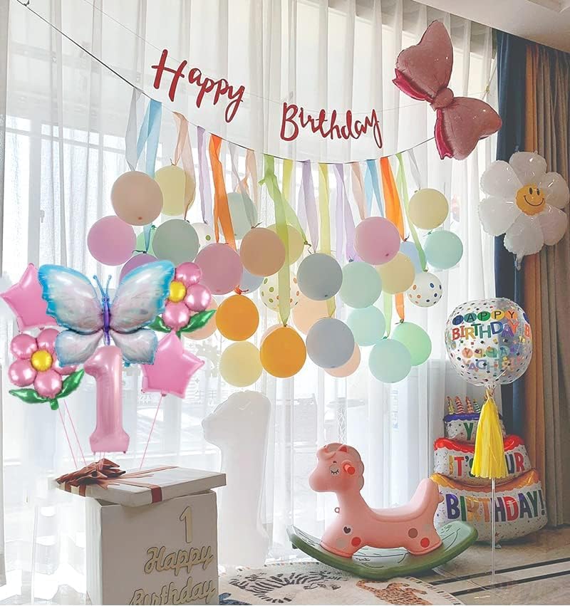 Butterfly Balloon 1st Birthday Decorations,Pink Blue Butterfly Fairy Floral Foil Balloons for Girl First Birthday Party Decorations Baby Shower Supplies&#x2026;