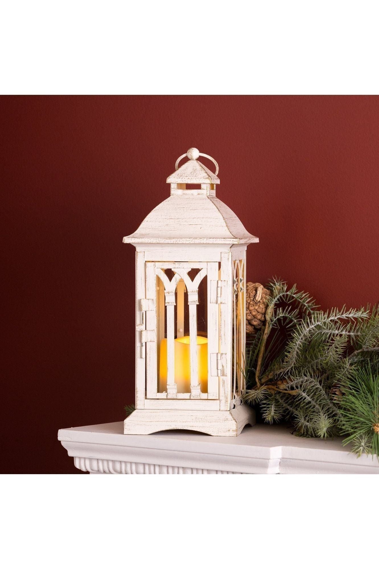 White Arch Patterned Lantern with LED Candle (Set of 2)