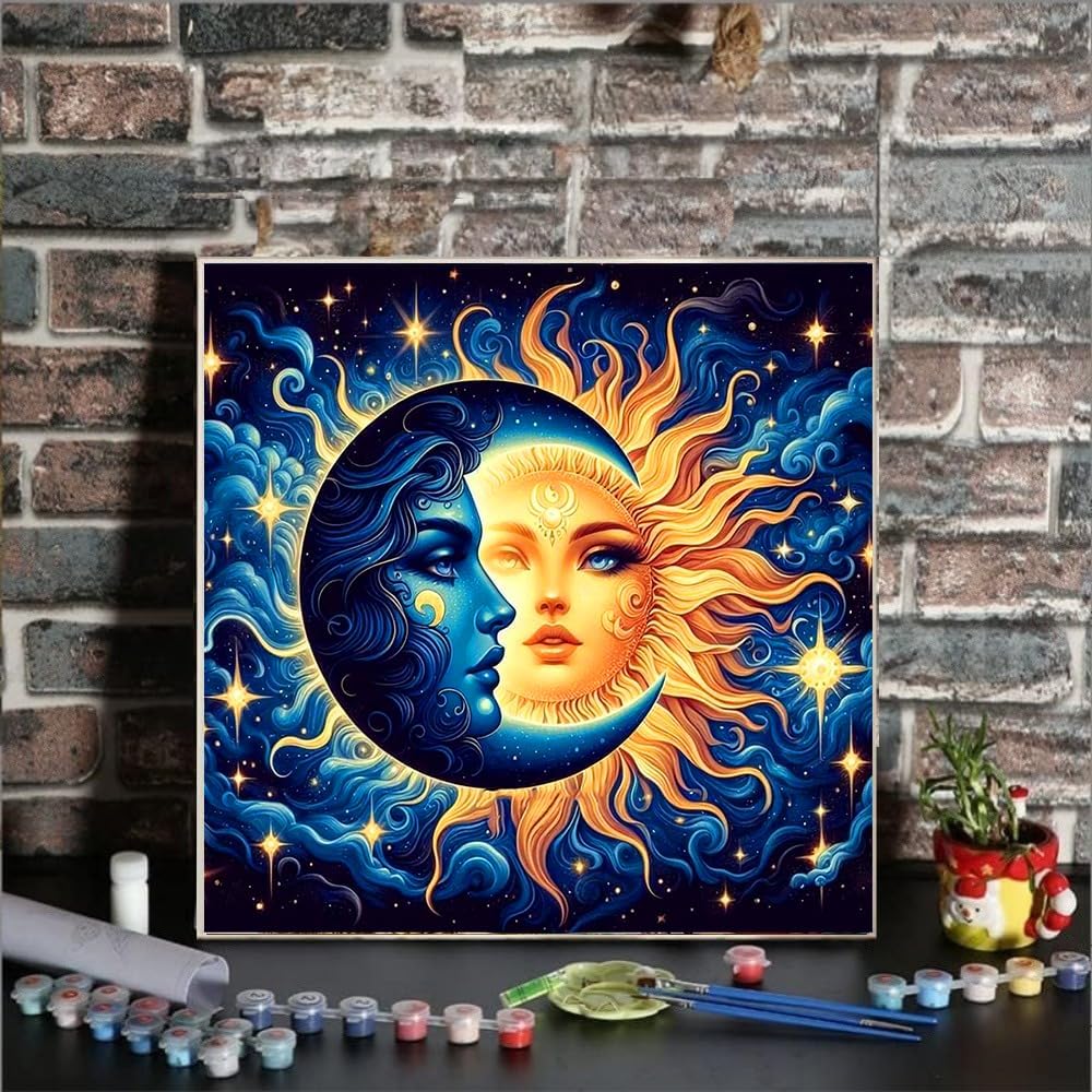 Sun and Moon Paint by Numbers Kit for Adults – Beginner-Friendly 16x16" Canvas, DIY Oil Painting Craft, Home Wall Decor & Gift