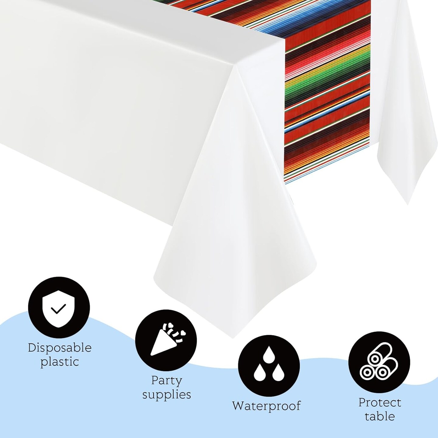 Mexican Fiesta Tablecloth 54 x 108&#x27;&#x27; Party Plastic Tablecloth Striped Table Cover for Mexican Fiesta Party Decorations(White Background, 6 Pcs)