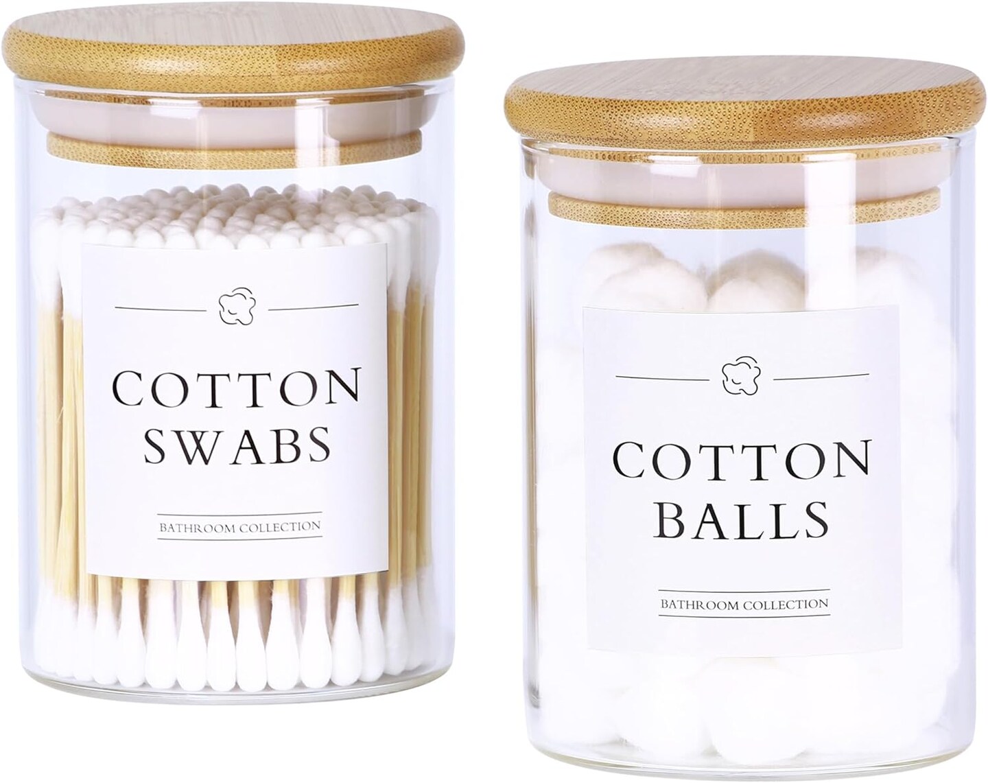 2-Pack Glass Qtip Holder Dispensers with Bamboo Lids for Bathroom Storage