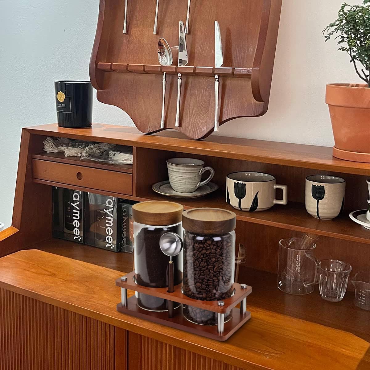Glass Coffee Grounds Container with Shelf, 2 &#xD7; 45 oz Glass Coffee Canisters with Airtight Thread Lid, Glass Storage Jars with Stainless Steel Spoon for Coffee Bean, Sugar,Nut