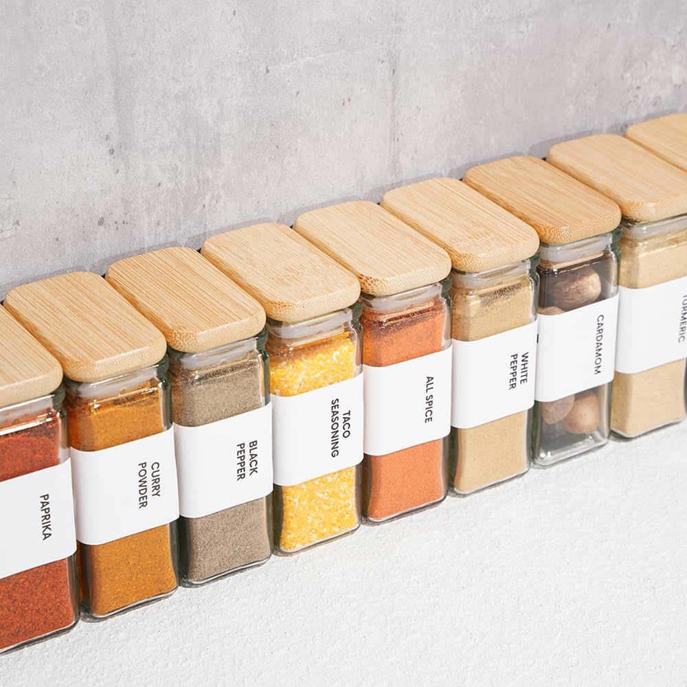 Glass Spice Jars with Labels, 4oz Glass Jars with Bamboo Lids, Square Spice Jars with Labels, Empty Spice Bottles for Seasoning Organizer, Spice Drawer Organizer, 12 Pack (White)
