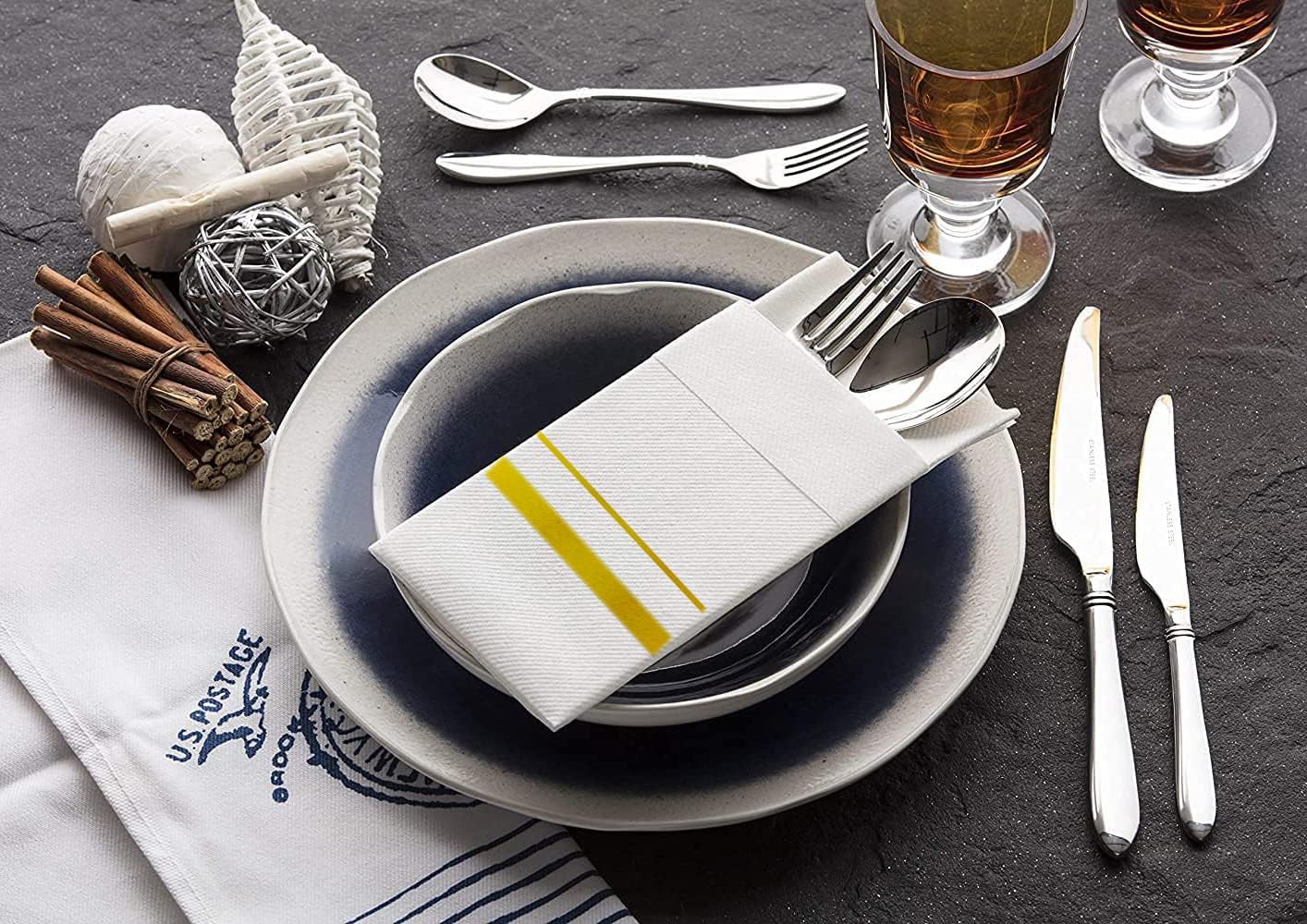Disposable Dinner Napkins Cloth Like with Built-in Flatware Pocket,Wedding Party Linen Feel White and Golden Napkin, Prefolded for Silverware, 50 Counts
