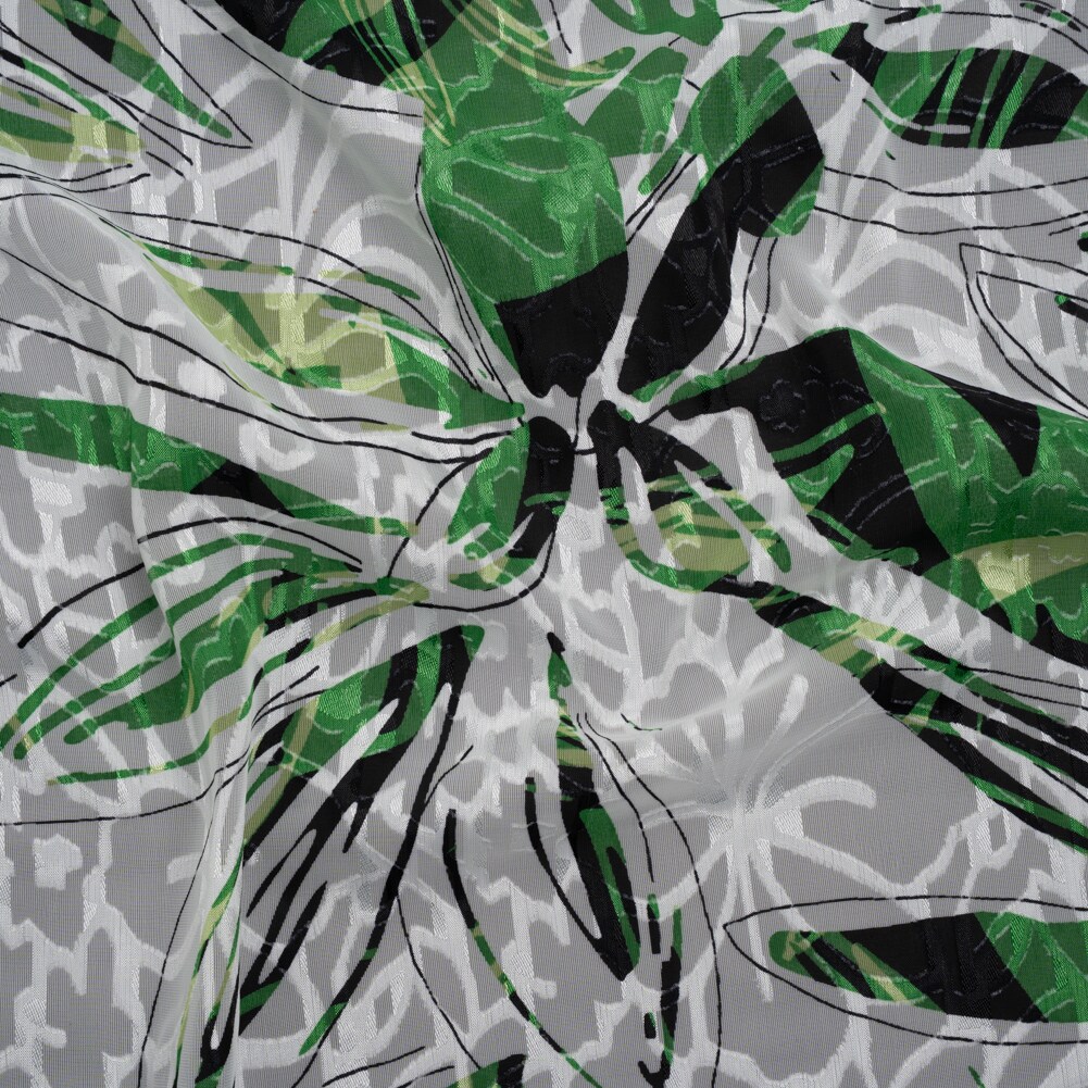 1 Yard White, Green and Black Floral Polyester Fabric Brocade Deadstock Material 56 inch Width