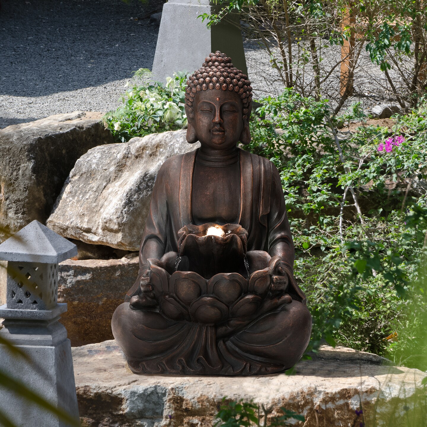 23.25&#x22;H Zen Style Meditating Buddha Statue Polyresin Outdoor Fountain with Pump and LED Light (KD)