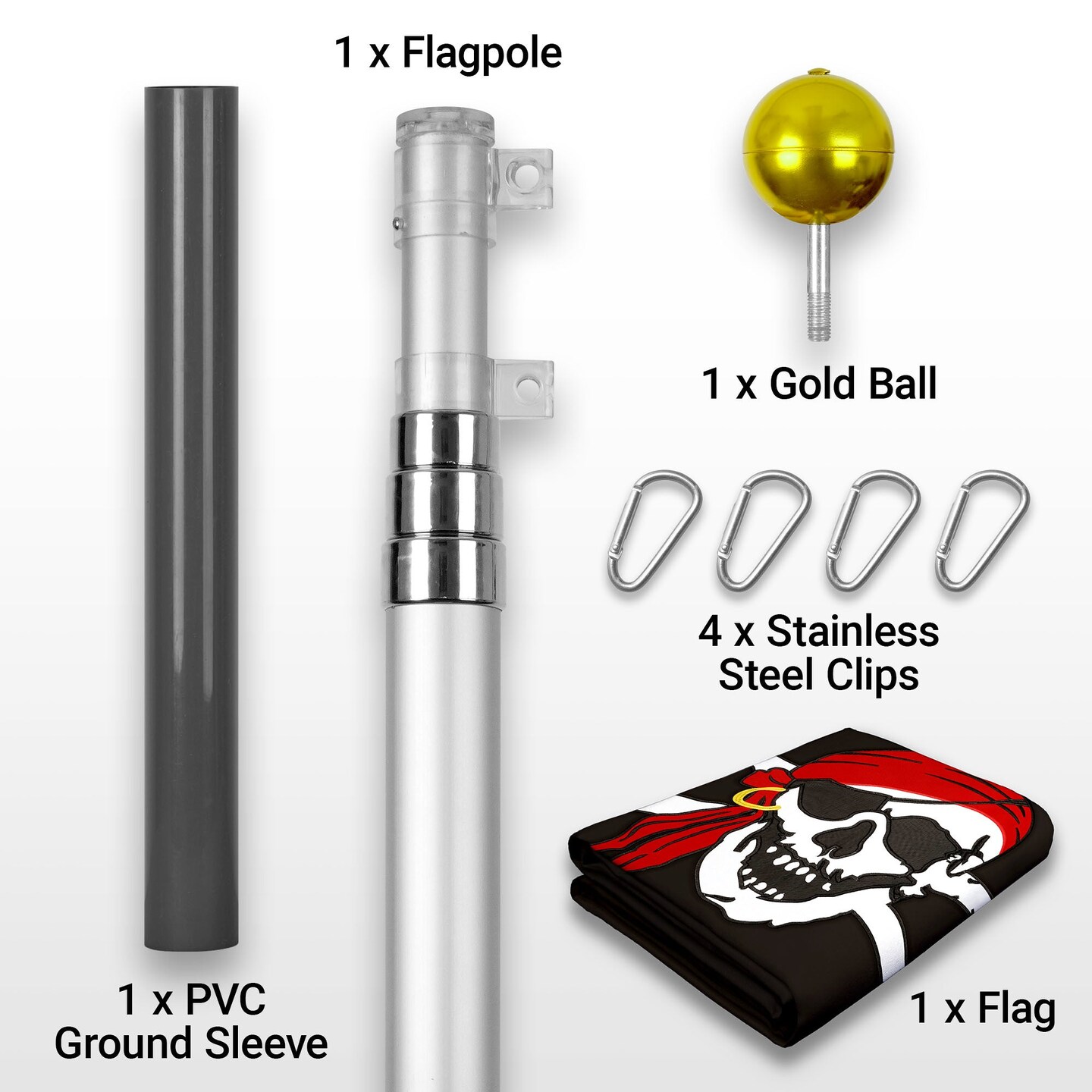 G128 Combo Pack: 16 Ft Telescoping Aluminum Flagpole (Silver) & Pirate Jolly Roger Red Head Scarf Flag 3x5 Ft, ToughWeave Series Embroidered 300D Polyester | Pole with Flag Included