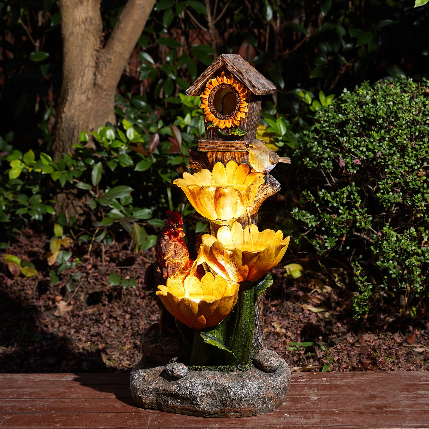 28.5''H Farmhouse Sunflowers and Birdhouse Polyresin Outdoor Fountain with Pump and LED Light