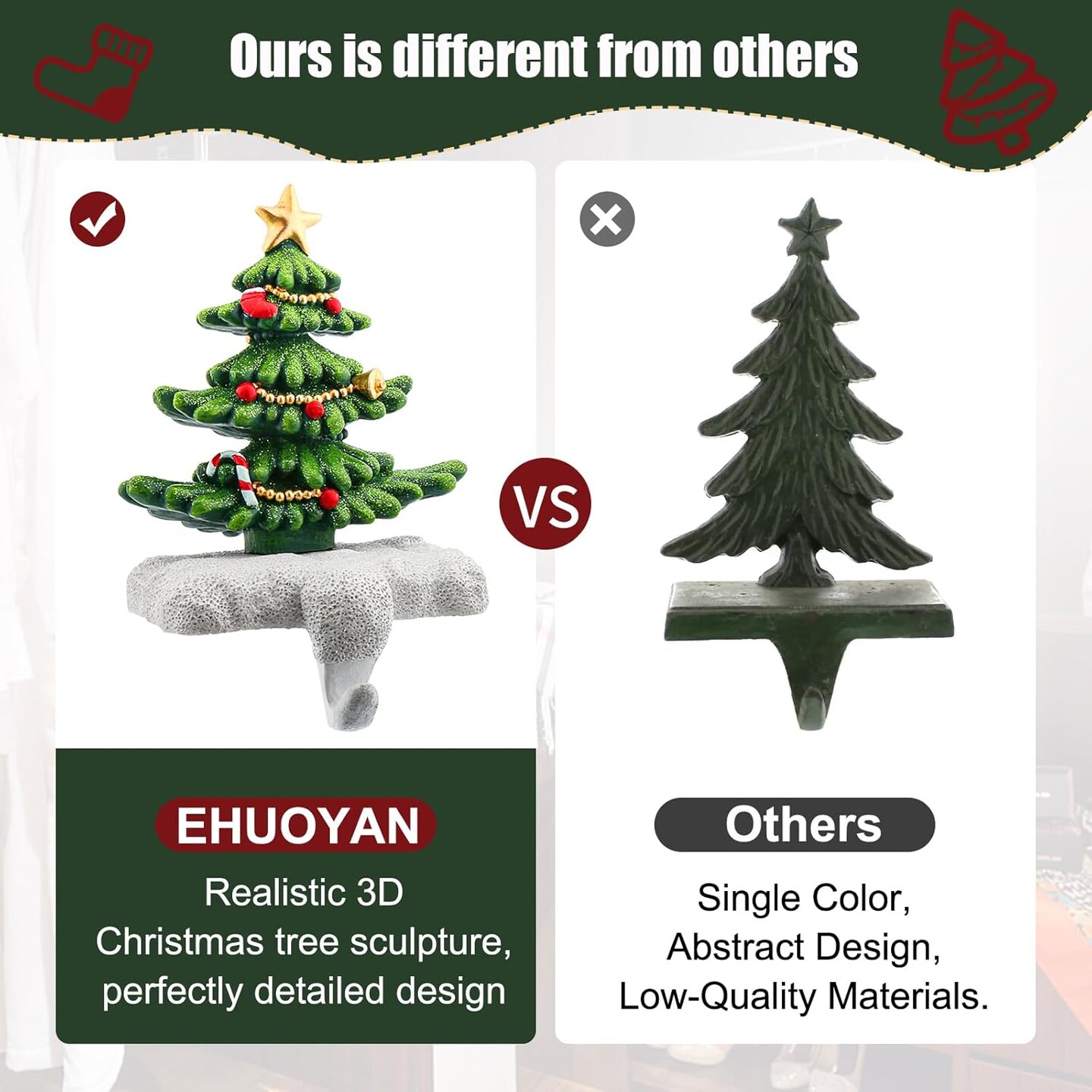 Christmas Stocking Holder for Mantel Resin Christmas Tree Stocking Hook Sturdy Small Xmas Tree Stocking Hanger for Fireplace Christmas Stocking Holders Indoor Home Decor Gifts