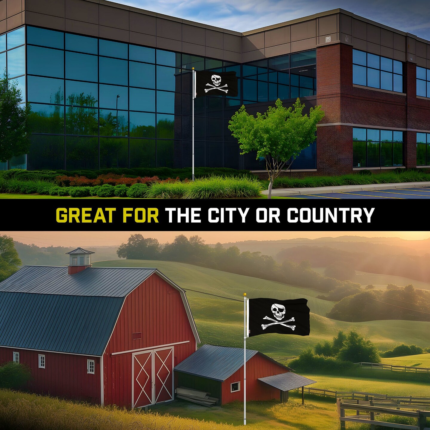 G128 Combo Pack: 16 Ft Telescoping Aluminum Flagpole (Silver) & Pirate Jolly Roger Bones Flag 3x5 Ft, ToughWeave Series Embroidered 300D Polyester | Pole with Flag Included